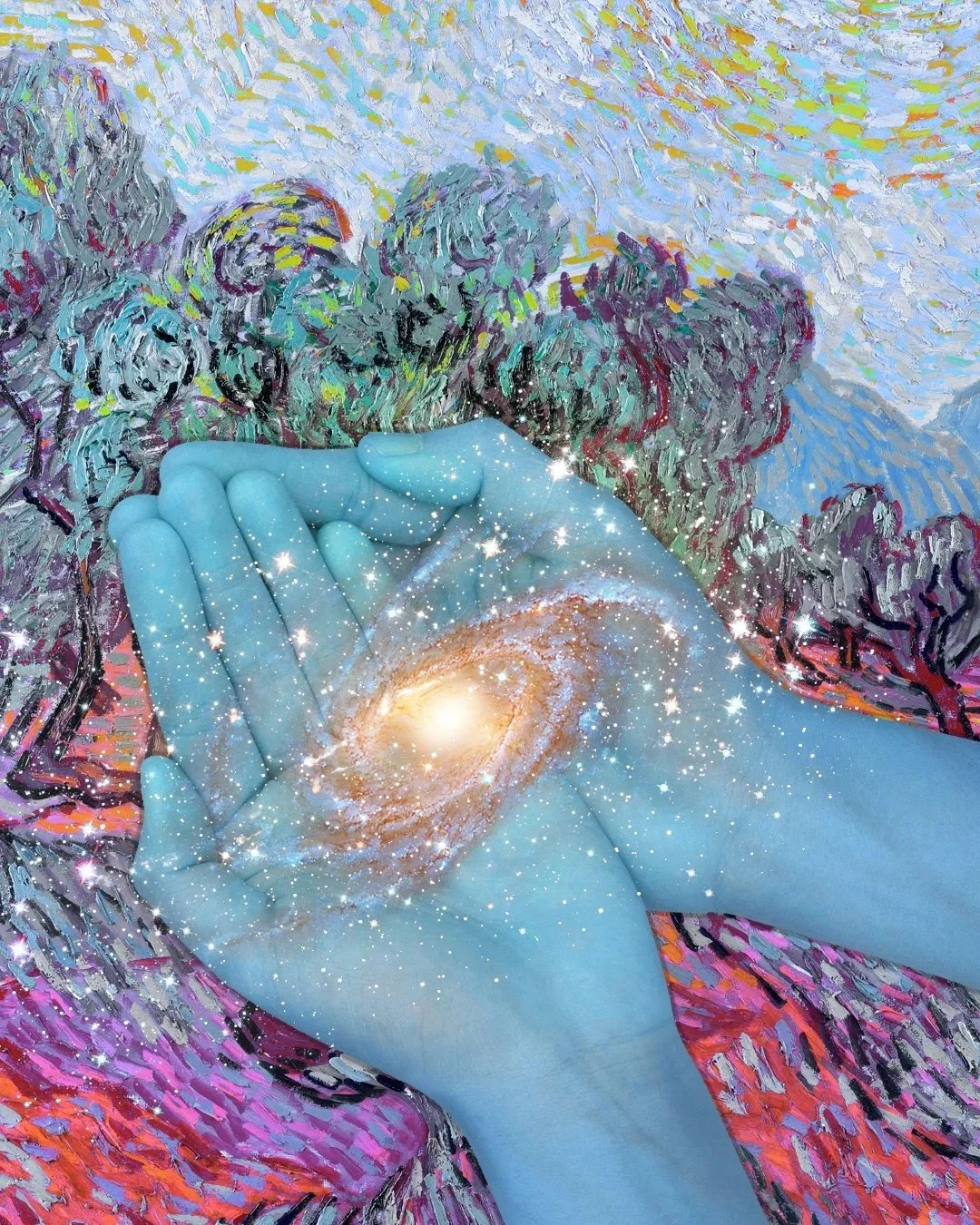 A surreal digital art composition featuring a pair of hands in a blue hue with a galaxy within the palm, set against an impressionistic colorful background of a landscape with trees and sky, enhanced with sparkling star effects.