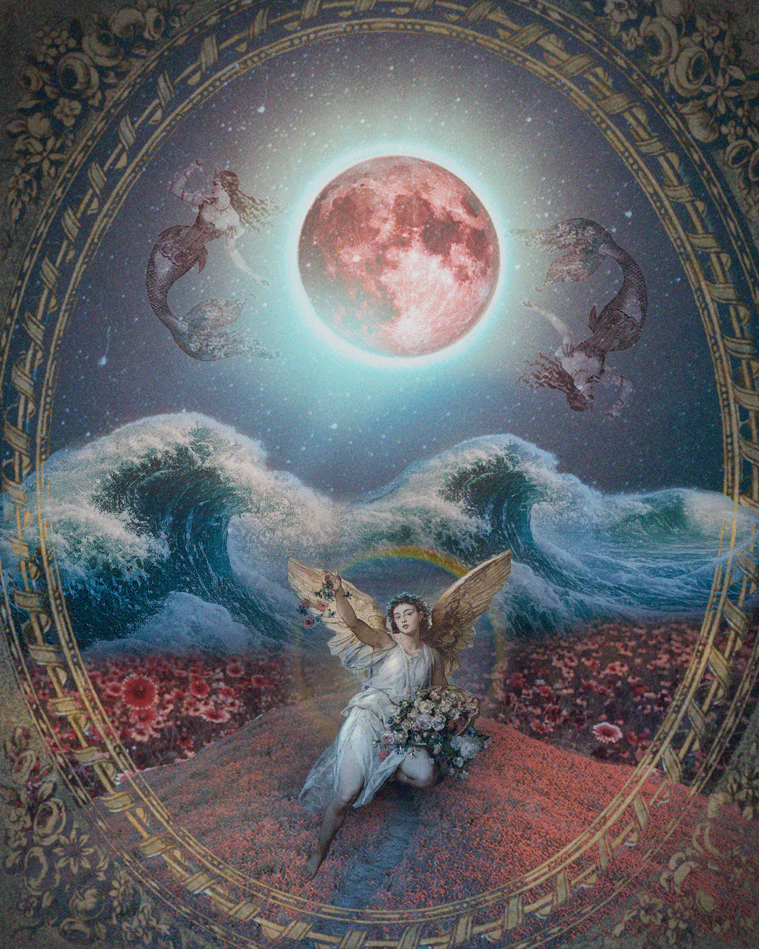 A surreal scene with a large glowing moon in the night sky, surrounded by stars. Two mermaids are swimming near the moon on either side. In the foreground, a winged woman dressed in white with butterfly wings is holding a bouquet of flowers, standing