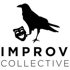 Silhouette of a crow standing on a branch holding a theater mask in its beak, with the words 'IMPROV COLLECTIVE' below.