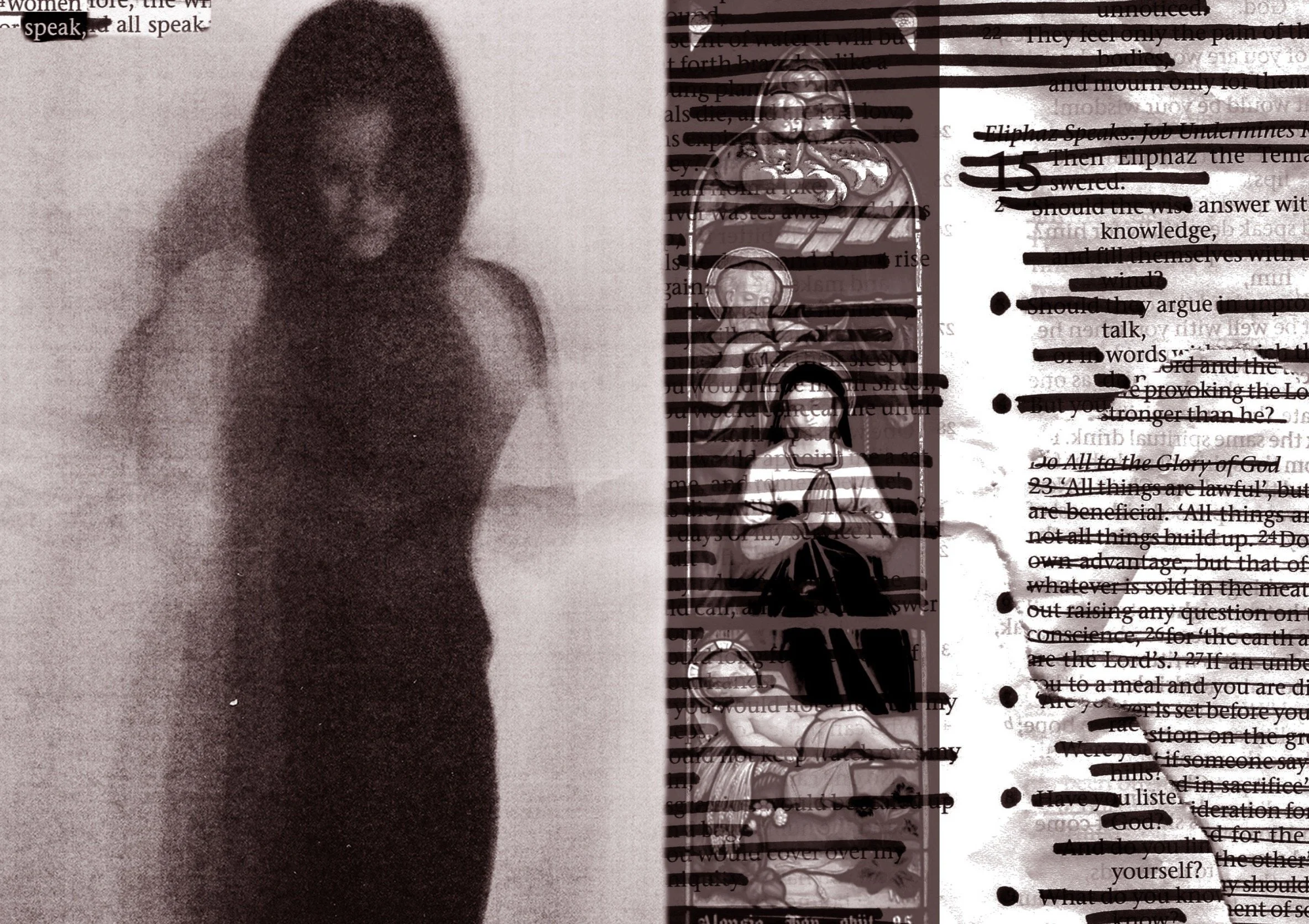 A woman with long dark hair is taking a selfie in front of a plain wall. The image on the right side shows pages of text with some blacked-out sections, overlaid with a collage of black and white illustrations of a seated figure and a young person with a hood, along with some distorted lines and shapes.