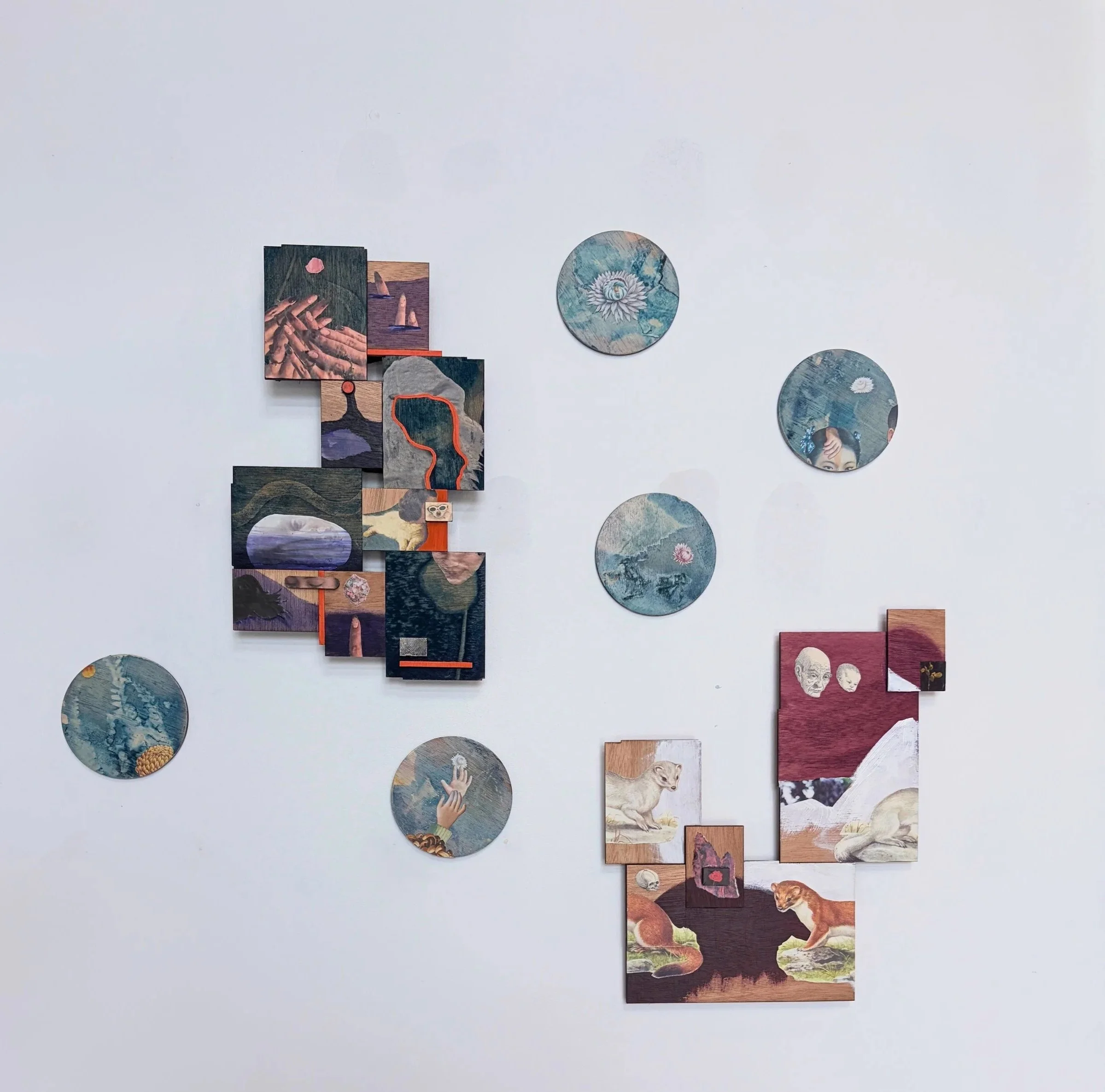 1. Kellie Vella, "Untitled (hands)" (2026). Found images, acrylic on wood.
2. Kellie Vella, "Untitled (stoat)" (2026). Found images, acrylic on wood.
3. Kellie Vella, "Lonely in a crowd, thinking of food." (2026). Found images, cyanotype, on wood (ci