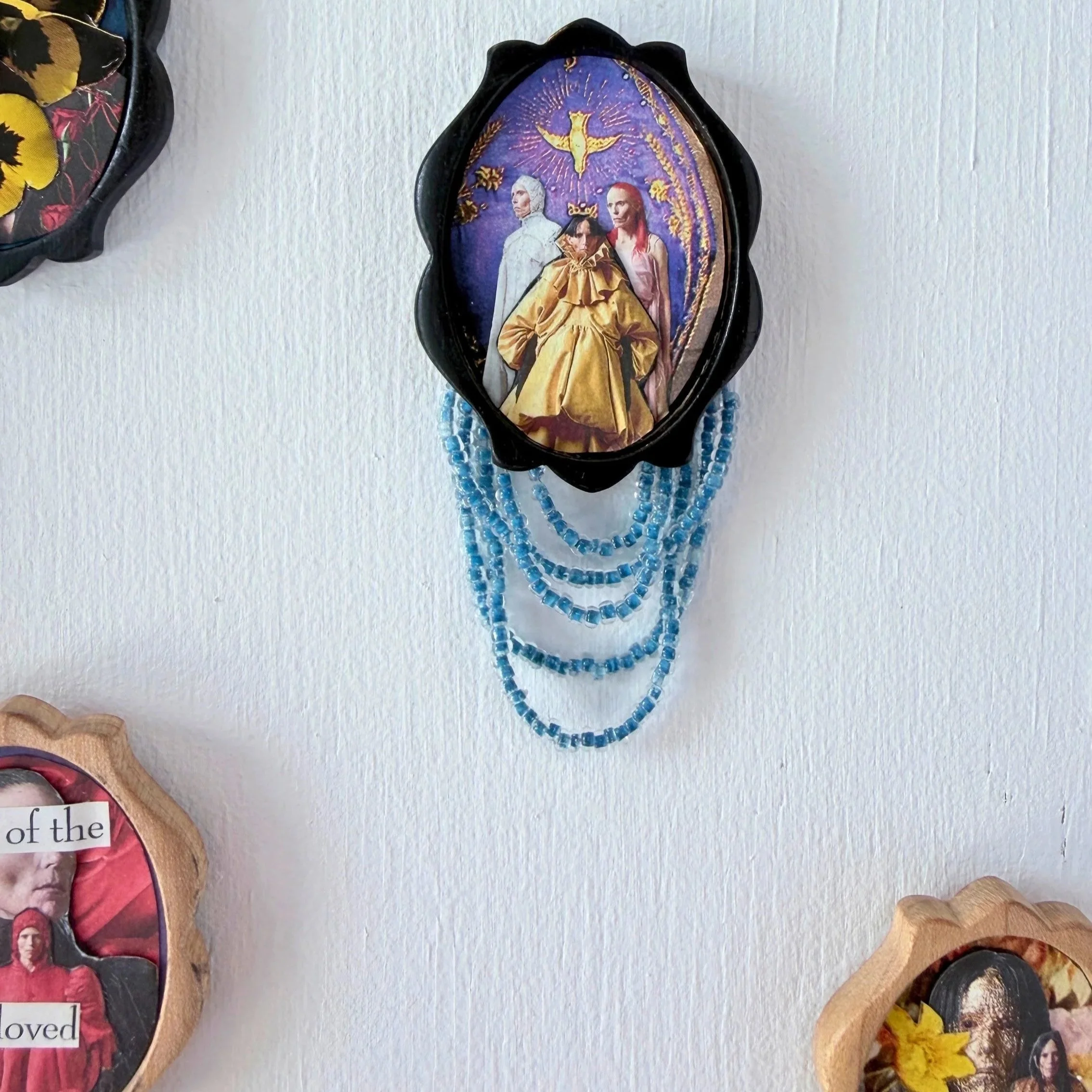 Dominika Deska, "Alter/Altar" detail (2026). Found images, wood cabochons, beads.