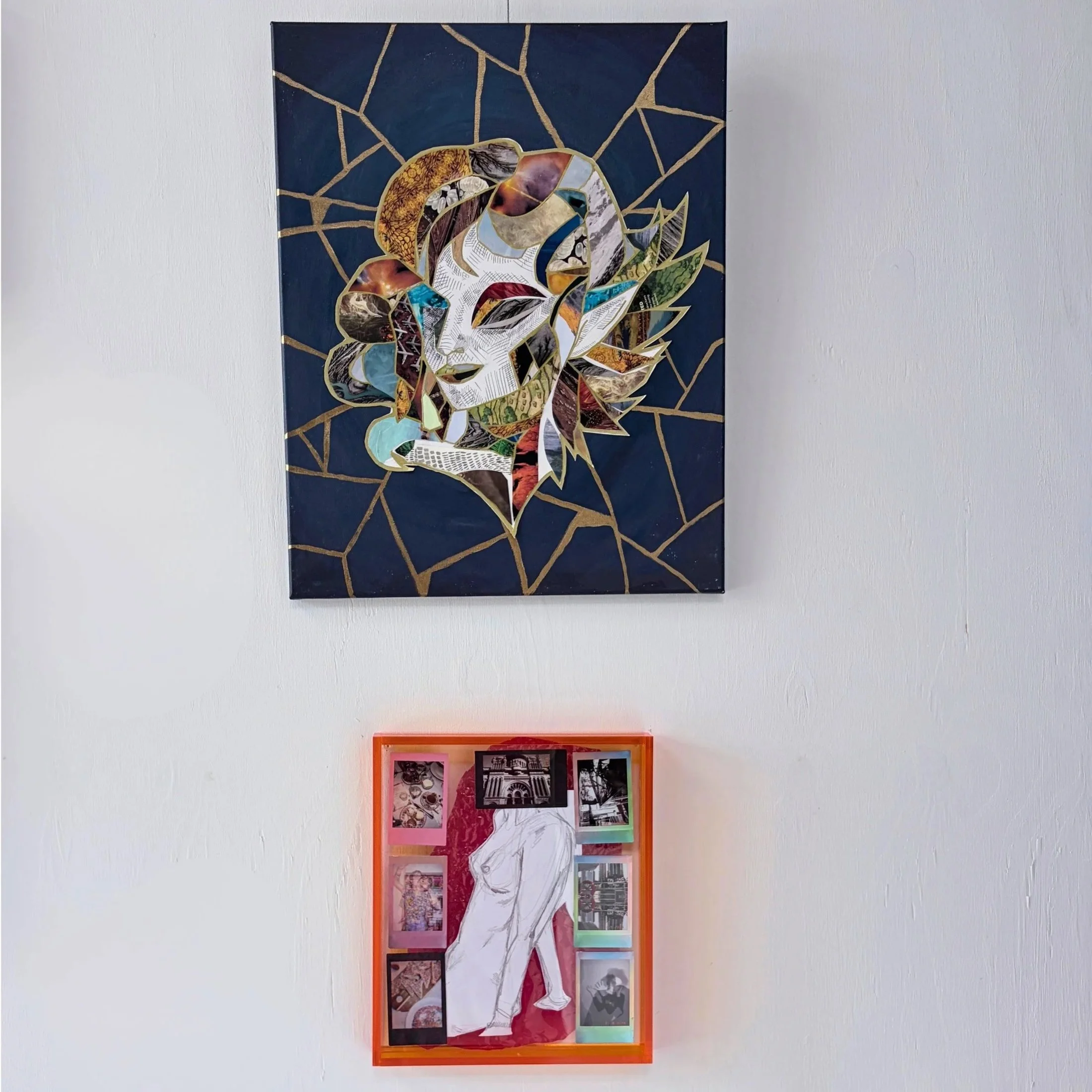1. Jordan Frith, "Glue" (2026). Found images, ink and acrylic on canvas.
2. Jordan Frith, "Film" (2026). Polaroid film, cellophane and graphite.