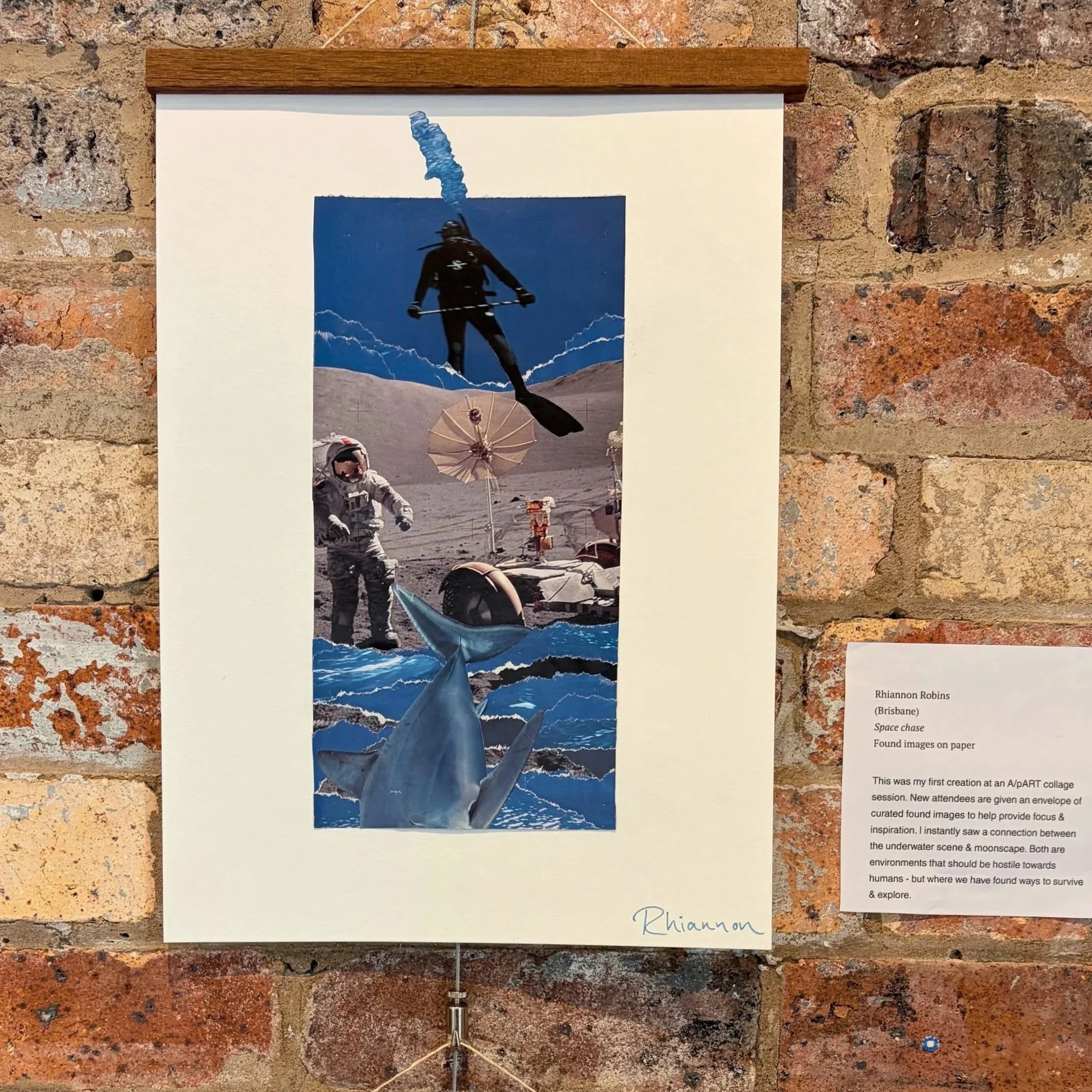 Rhiannon Robbins, "Space chase" (2026). Found images on paper.