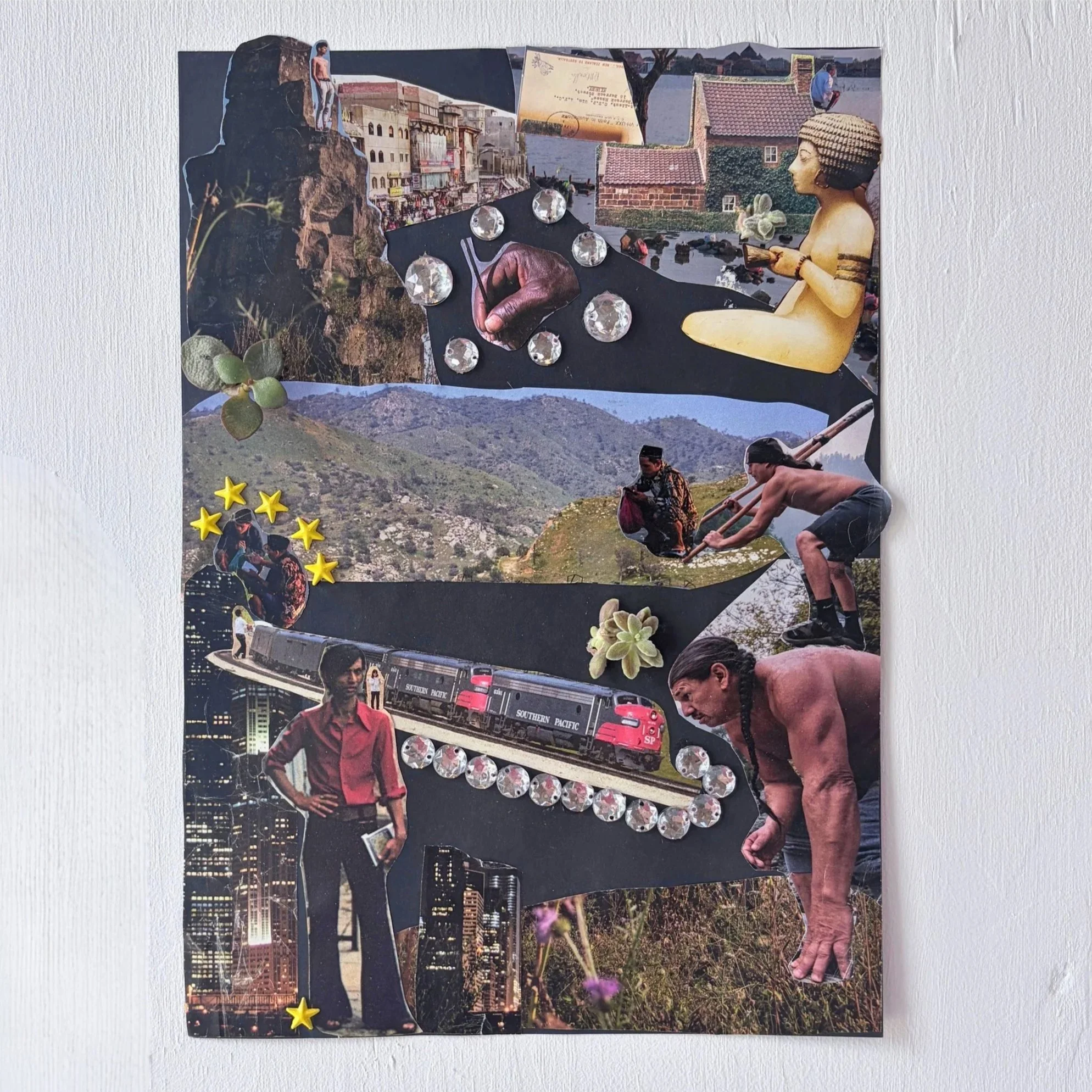 Bek Colley-King, "Story flows 2" (2026). Found images, gems & live plants on paper.
