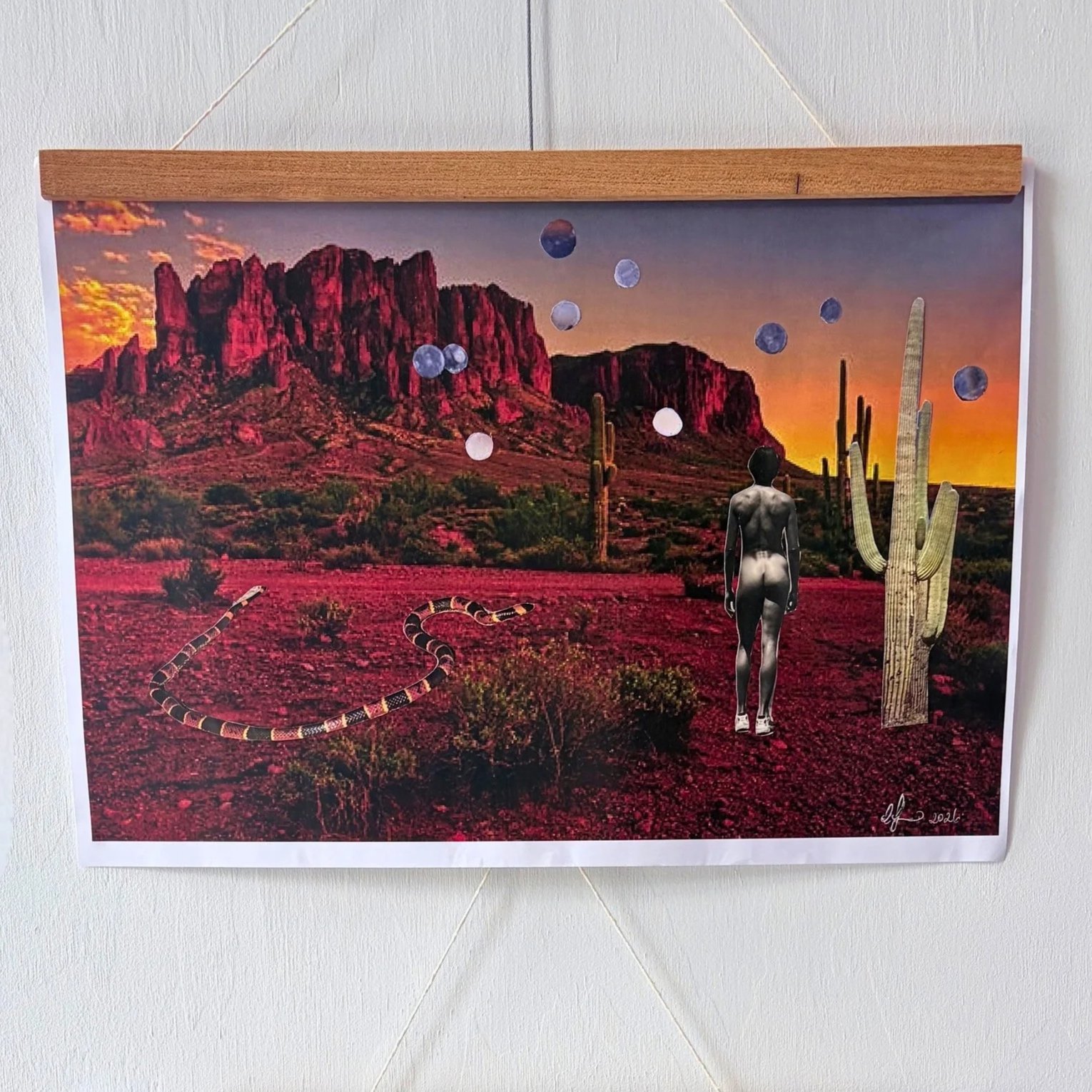 Kalyi Amoto, "Red desert orbs" (2026). Found images, gifted photographs on paper.