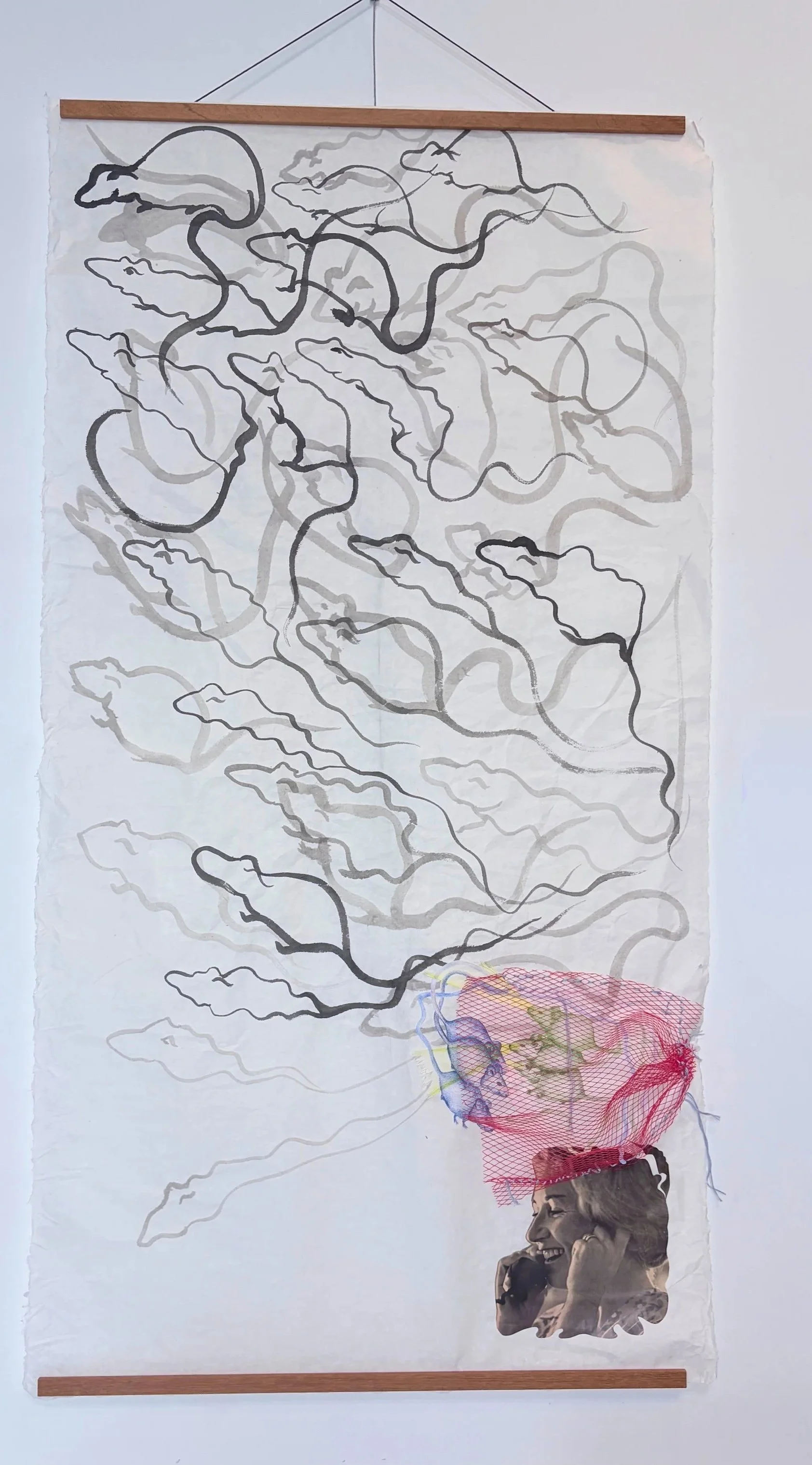 Sarah Youngberry, "Commensal" (2026). Found images, fruit netting, pencil and meok ink on hanji paper.
