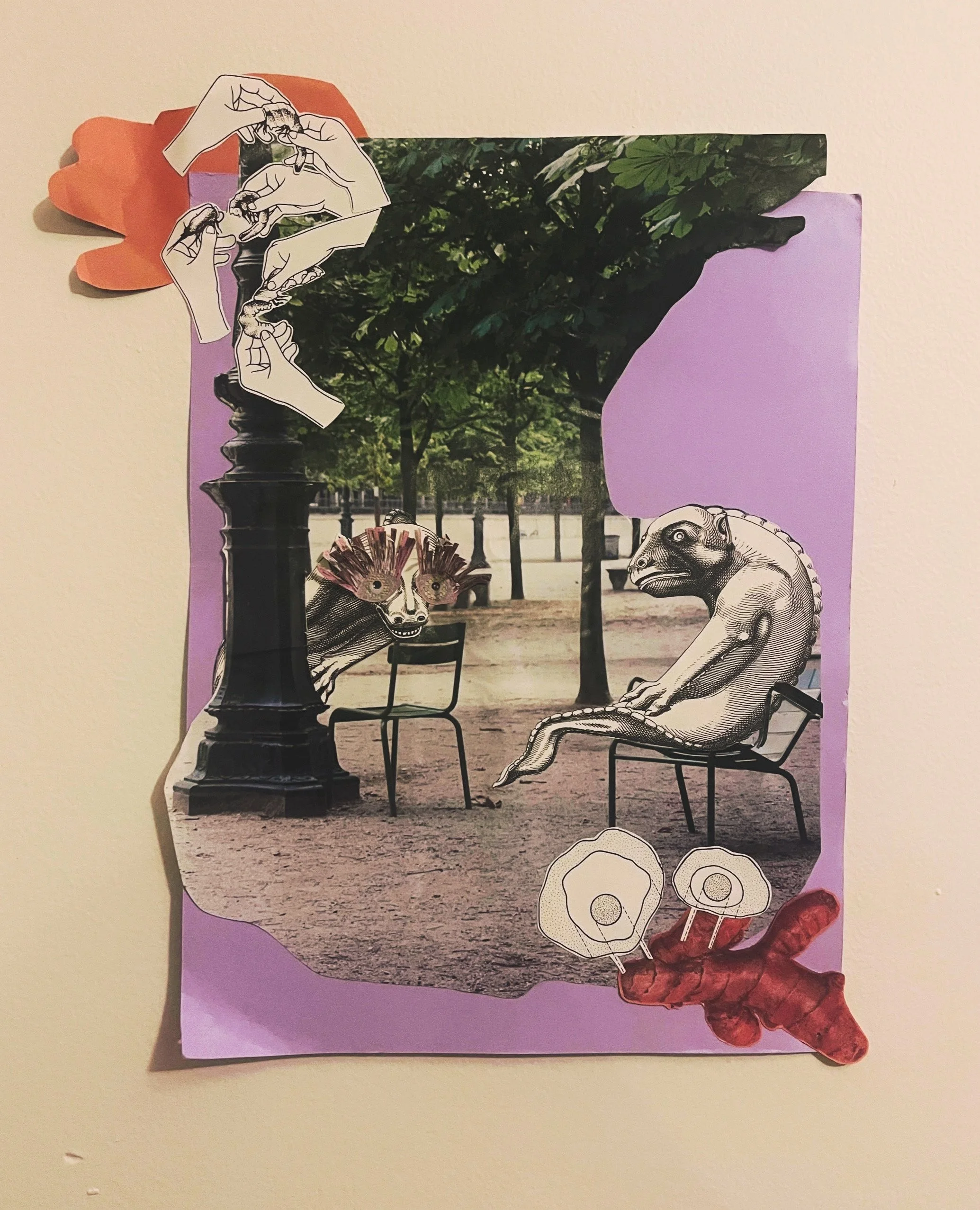 A collage with a purple background featuring black and white drawings of hands, animal heads including a lion and a dog, with some colored elements like a red branch, a green leafy park scene, and a red root at the bottom.