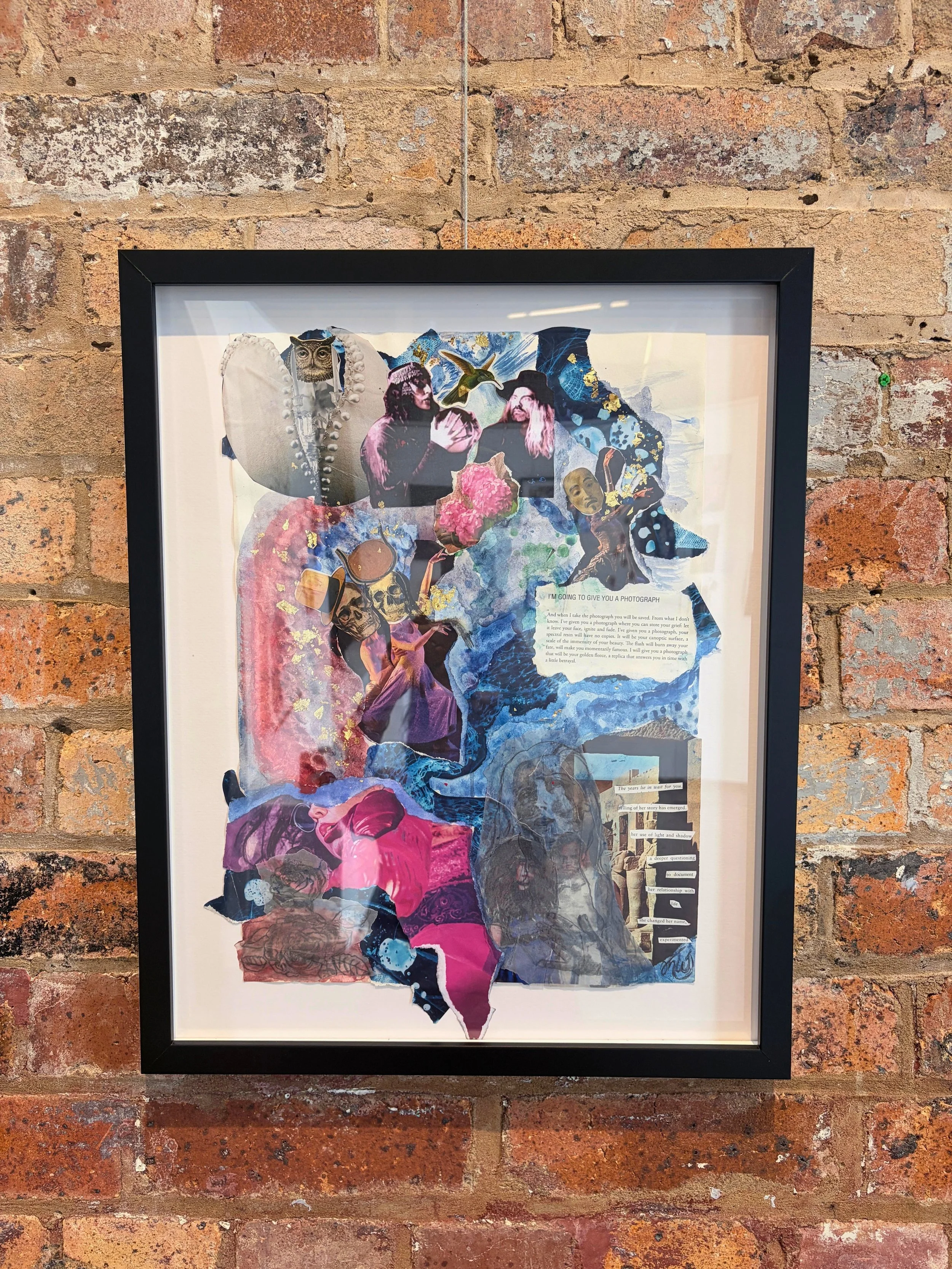 Misbah Wolf, "Slipstreams" (2026). Personal photographs, found images, acrylic and charcoal on paper.