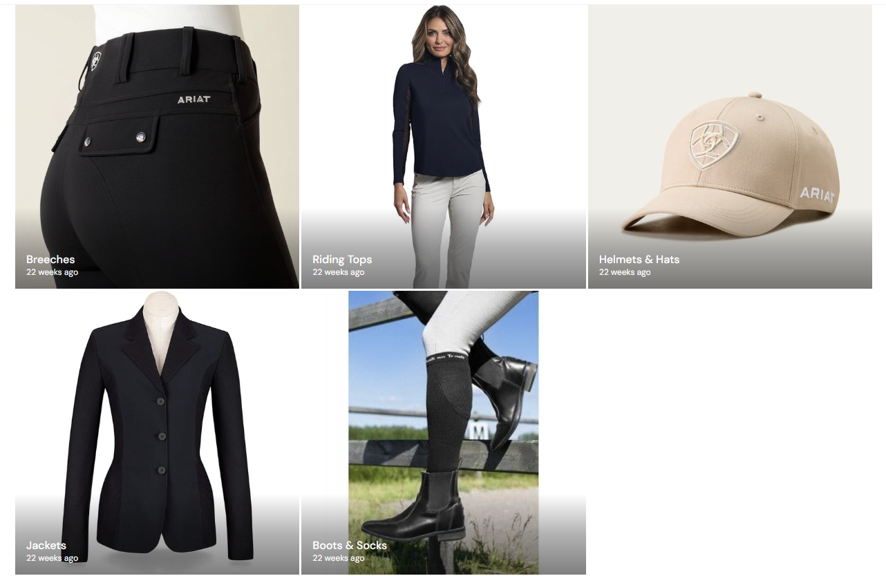 Collection of equestrian clothing and accessories including breeches, riding top, helmet and hat, jacket, and boots with socks.