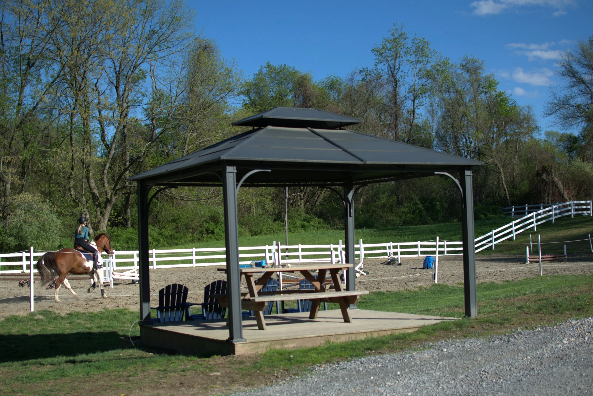 An outdoor riding arena with a rider on a horse, surrounded by a white fence and greenery, under a blue sky with trees in the background.