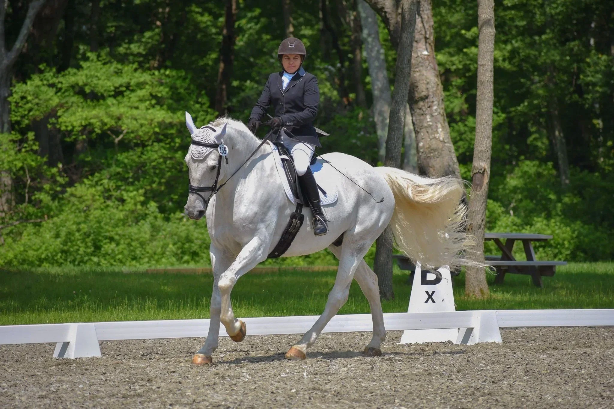 A woman riding a grey horse during an equestrian event in a wooded outdoor arena.