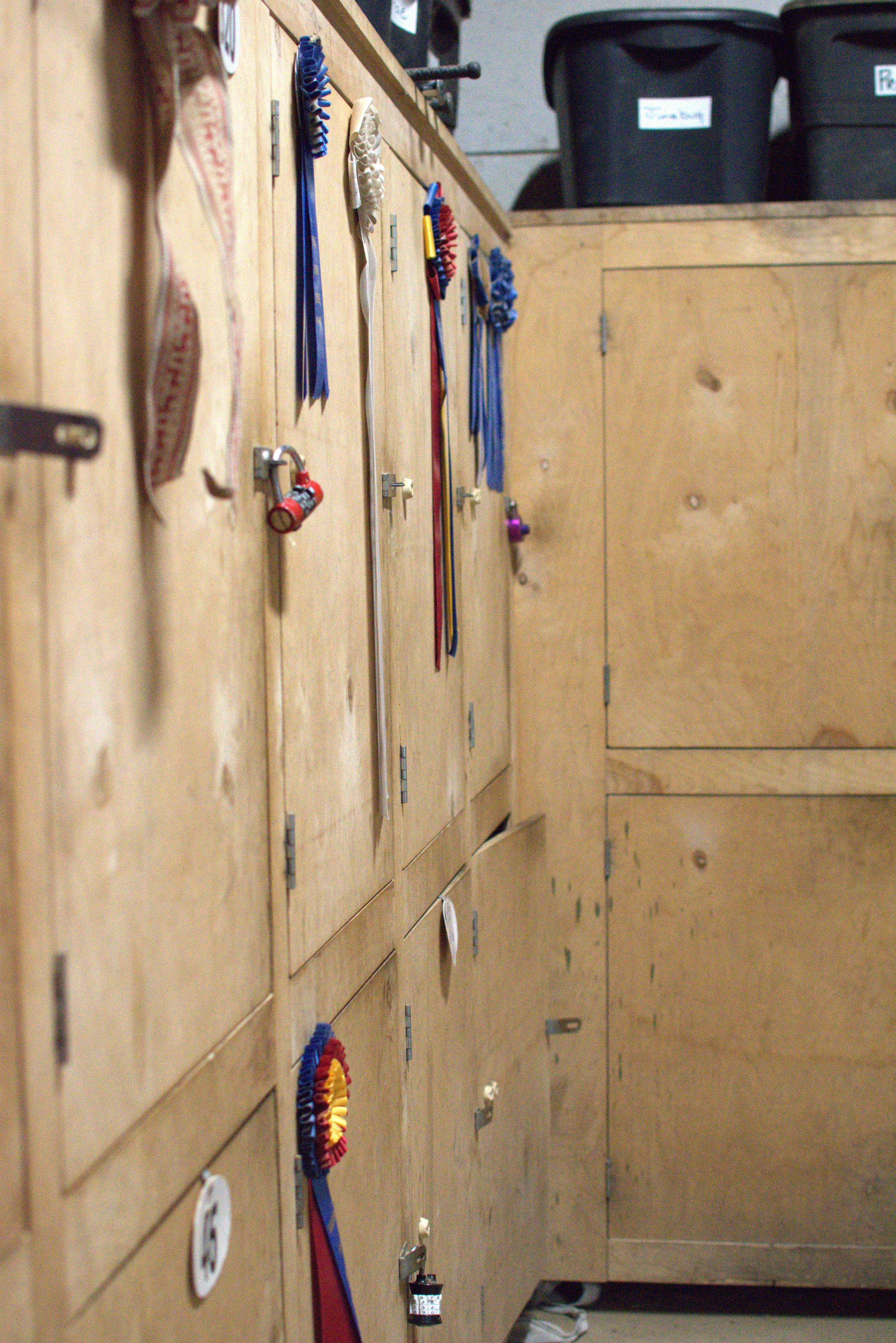 Wooden wall with multiple padlocks and colorful woven ribbon decorations hanging on it, against a plain background.
