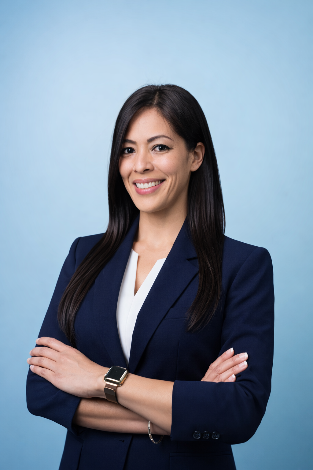 Christine Colburn, a woman with long dark hair, wearing a navy blazer and a smartwatch, smiling confidently with arms crossed against a light blue background.