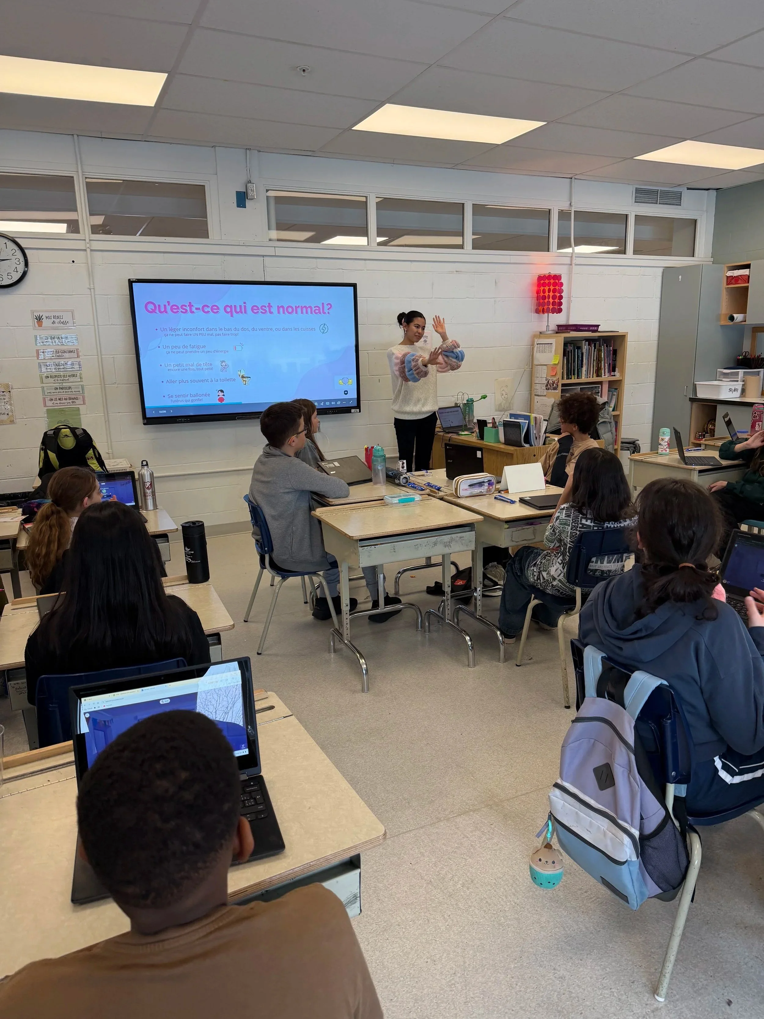 March 23rd, 2026 — École des Découvreurs (2:58pm)
A dynamic and engaging workshop using interactive elements to introduce key concepts around puberty and menstrual health. The session encouraged participation, curiosity, and helped students feel more