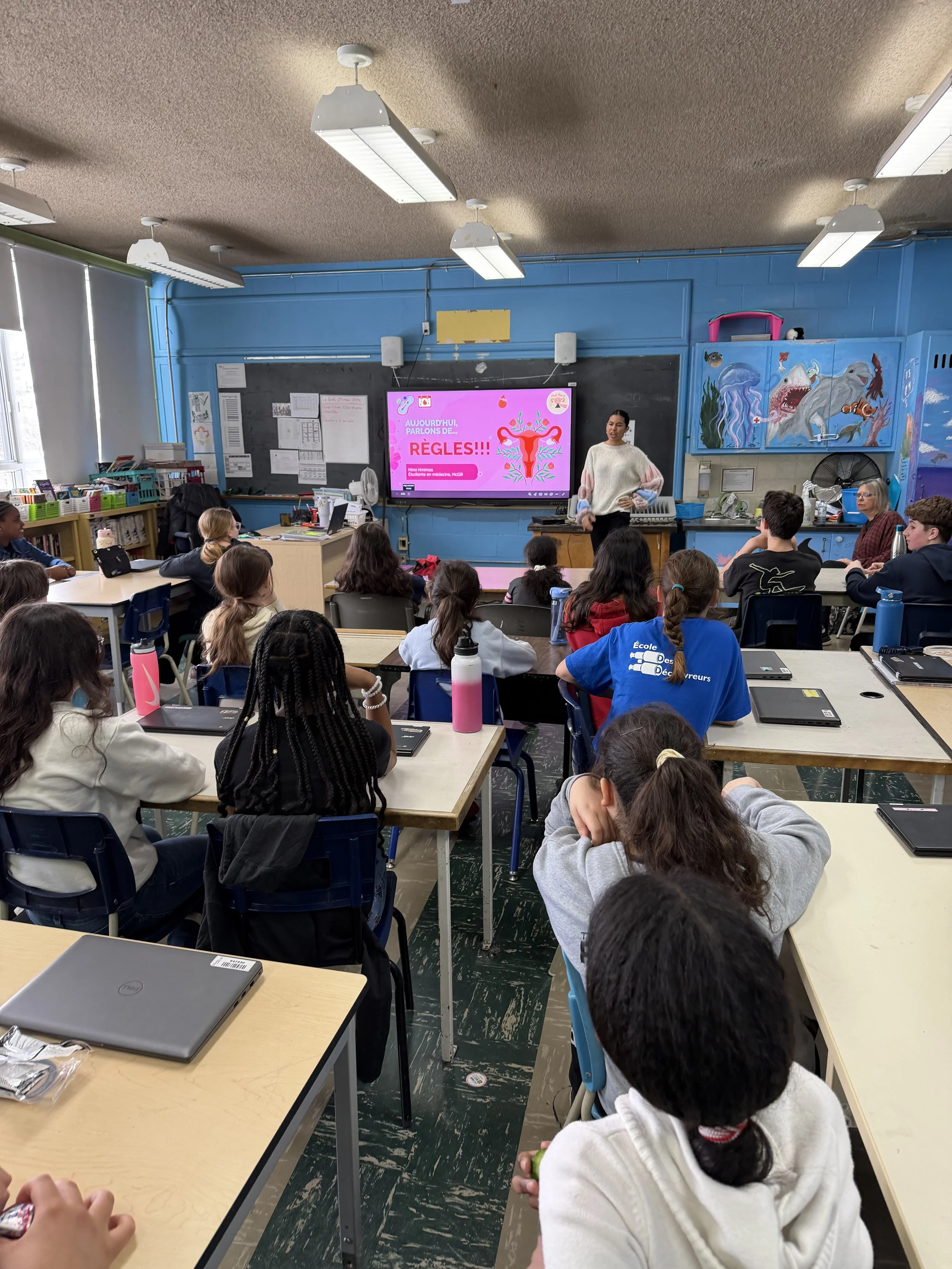 March 23rd, 2026 — École des Découvreurs (11:14am)
An introductory workshop for elementary students exploring body changes during puberty and basic menstrual health in a simple, age-appropriate way. The session focused on building comfort, encouragin