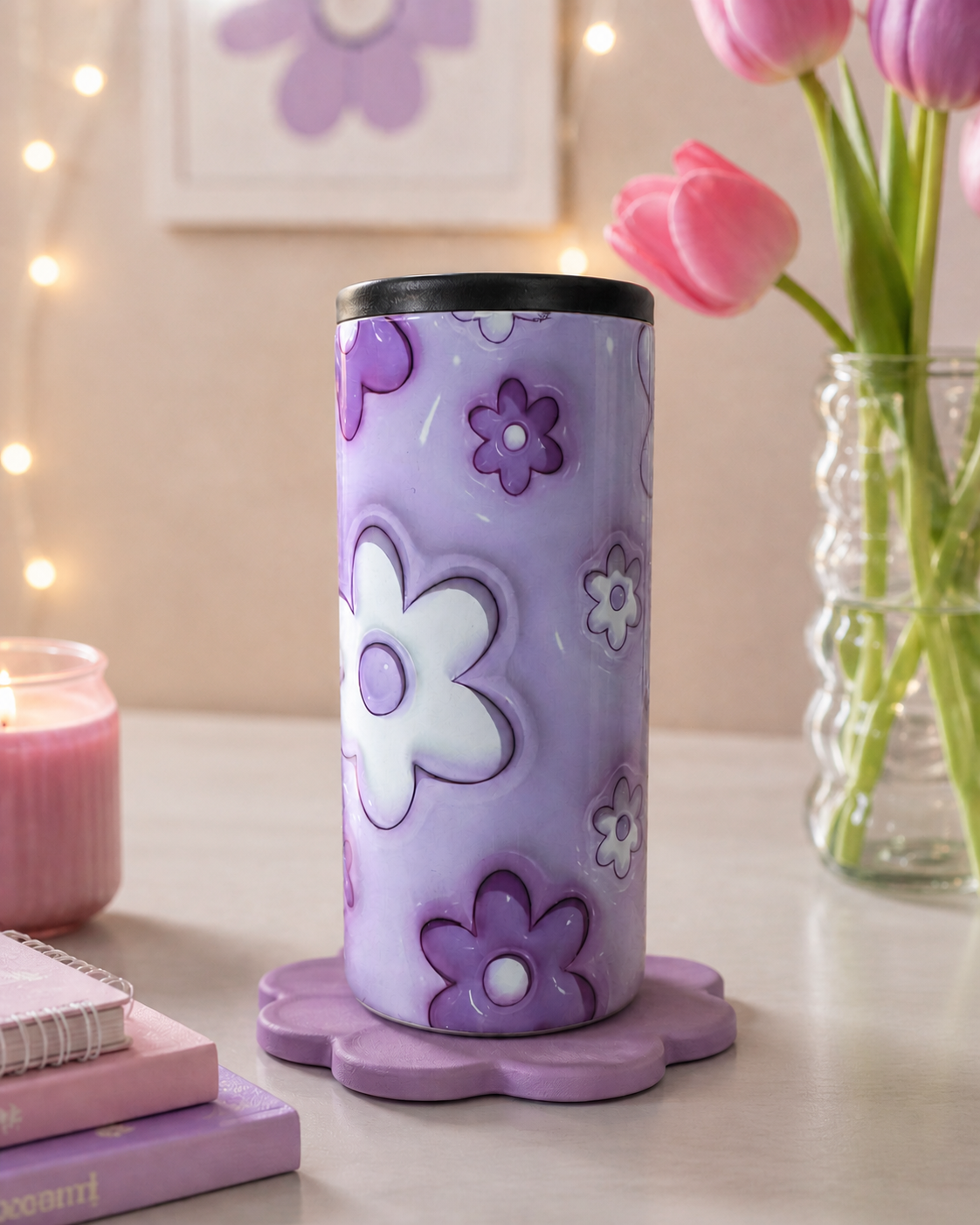 3D Purple Inflated Flowers Slim Can Cooler - 3D Slim Can Cooler - Purple Flowers Slim Can Cooler - Drinking Gifts