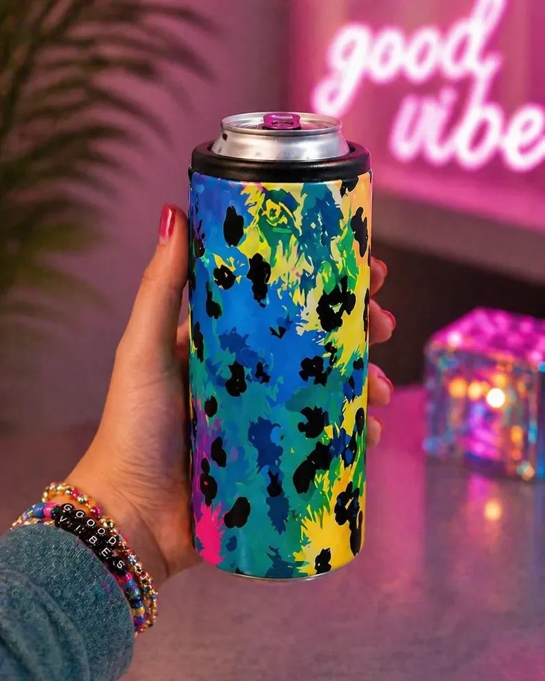 Neon Leopard Print Slim Can Cooler - Rainbow Leopard Slim Can Cooler - 90s Theme Slim Can Cooler - Gifts for Her - Gifts for Friends