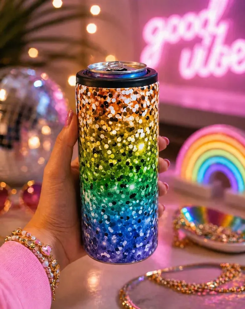 Rainbow Glitter Slim Can Cooler - Rainbow Slim Can Cooler  - Rainbow Gifts