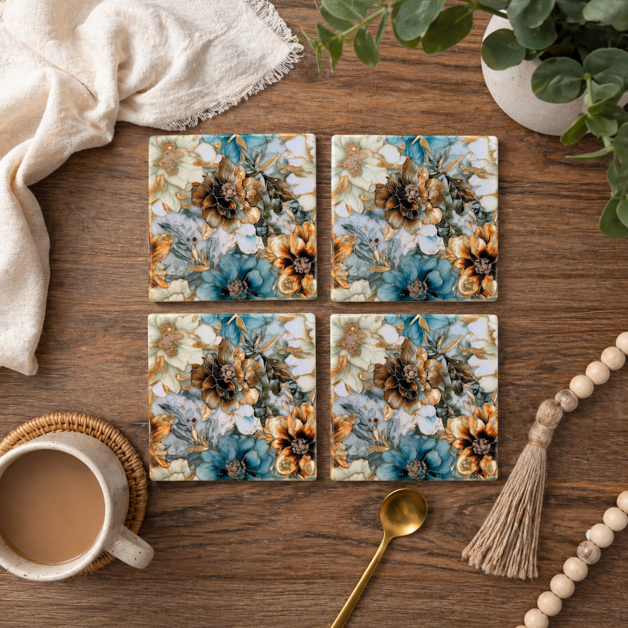 Teal and Gold Leaf Floral Ceramic Coasters - Set of 4