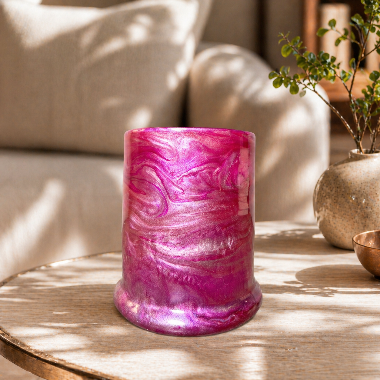 Pink and Rose Gold Alcohol Ink Candle Holder - Handcrafted Home Decor - Handmade Resin Candle Holder