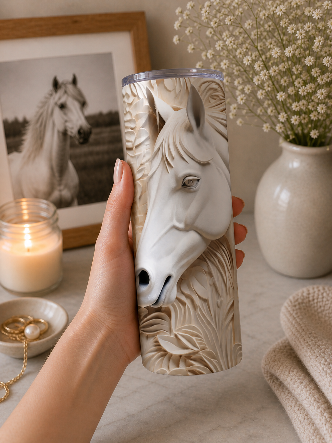 3D Tooled White Horse 20oz Tumbler - Tumblers for Her - Horse Tumblers - Horse Gifts