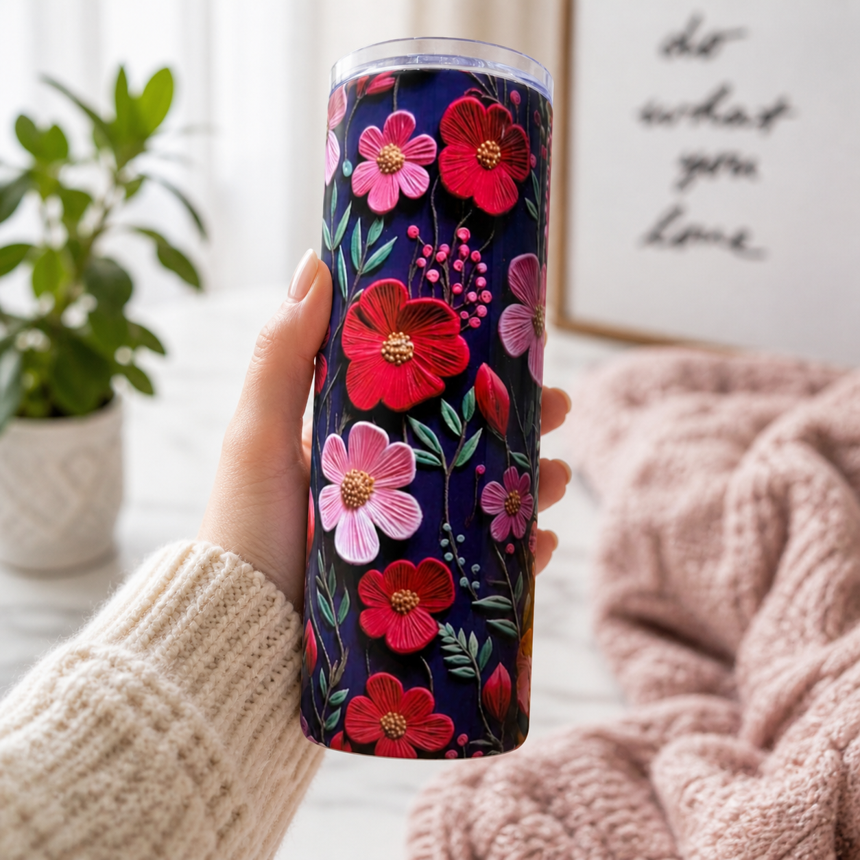 Embroidered Flowers 20oz Tumbler - Flower Tumbler - Crochet Tumbler