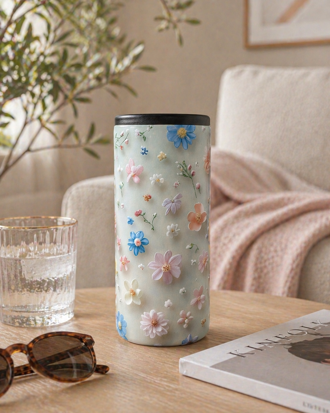 3D Neutral Flowers Slim Can Cooler - 3D Slim Can Cooler - Floral Slim Can Cooler