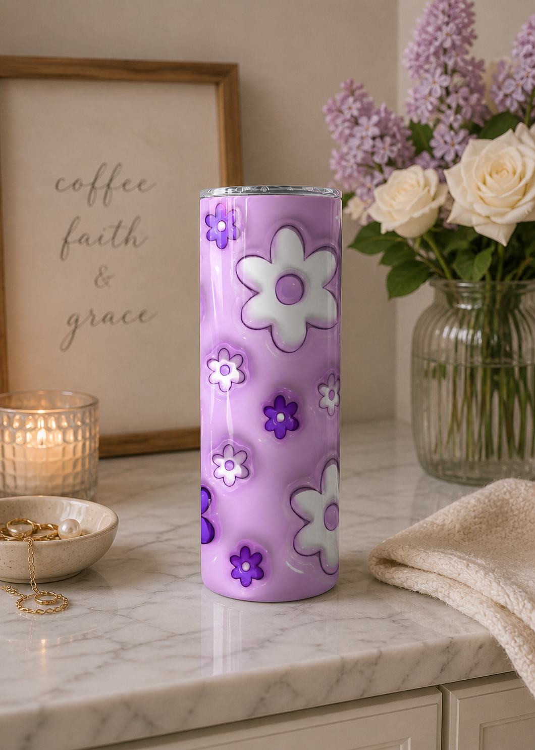 3D Purple Inflated Flowers Tumbler - 3D Tumbler- Purple Flowers Tumblers - Gifts for Her - Gifts for Friends - Tumblers for Her