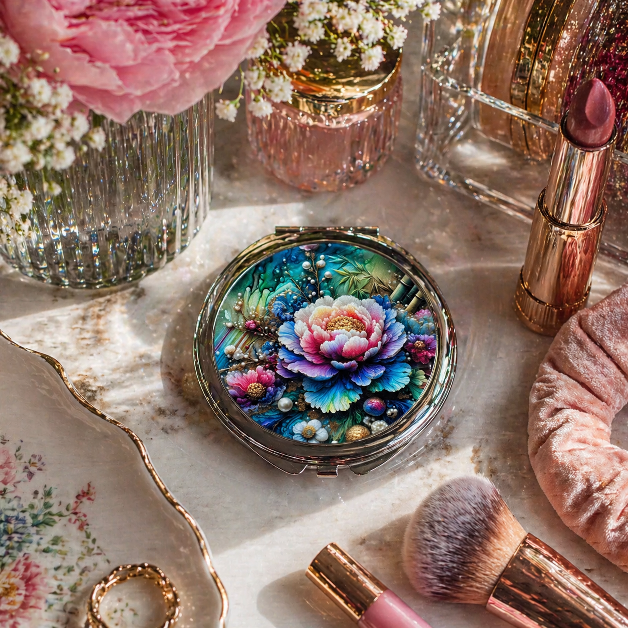 Colorful 3D Rainbow Flower Compact Mirror - Gifts Under 10 - Gift for Her