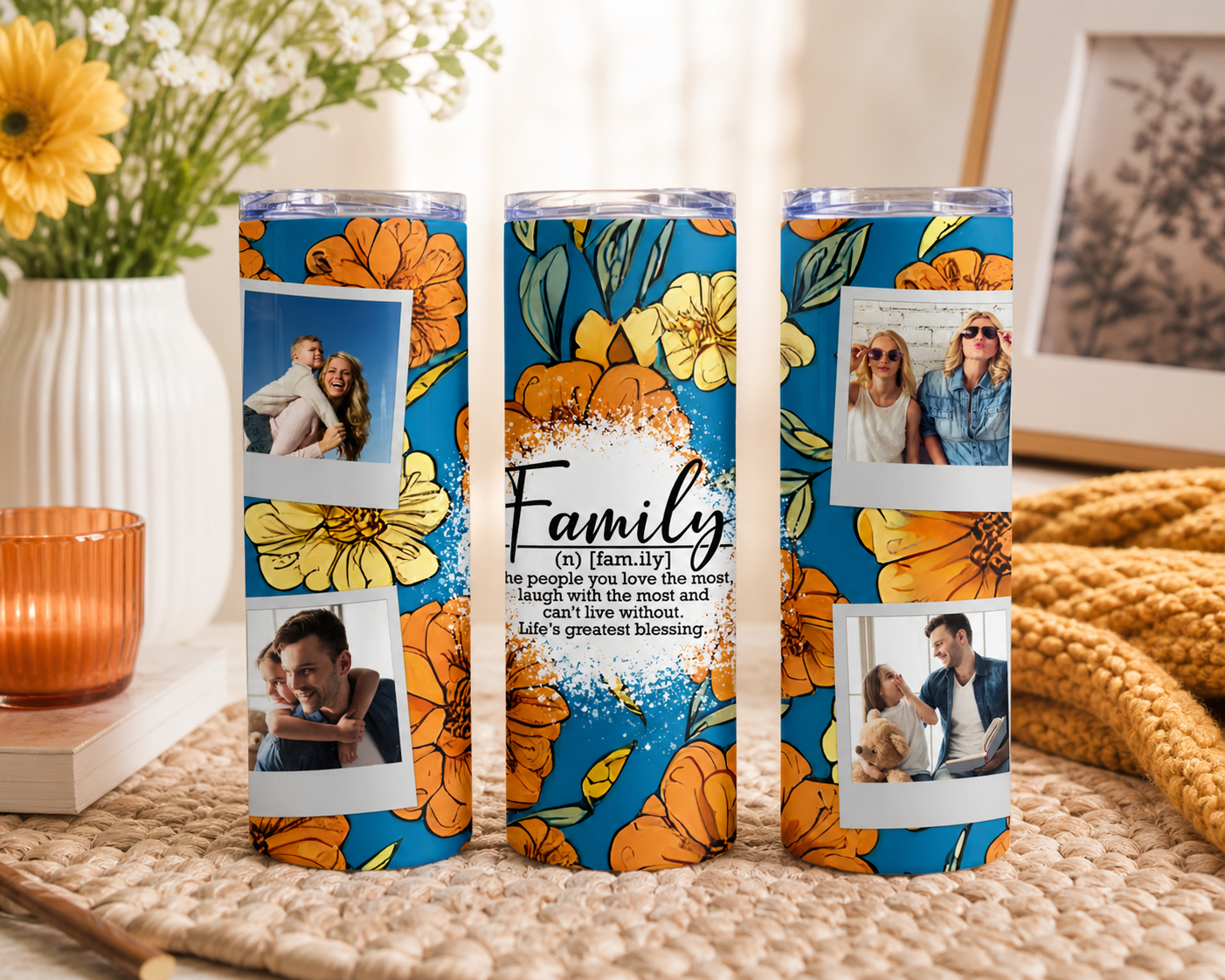 Blue and Orange Floral Custom Photo Family 20oz Tumbler - Custom Photo Tumblers - Custom Photo Gifts