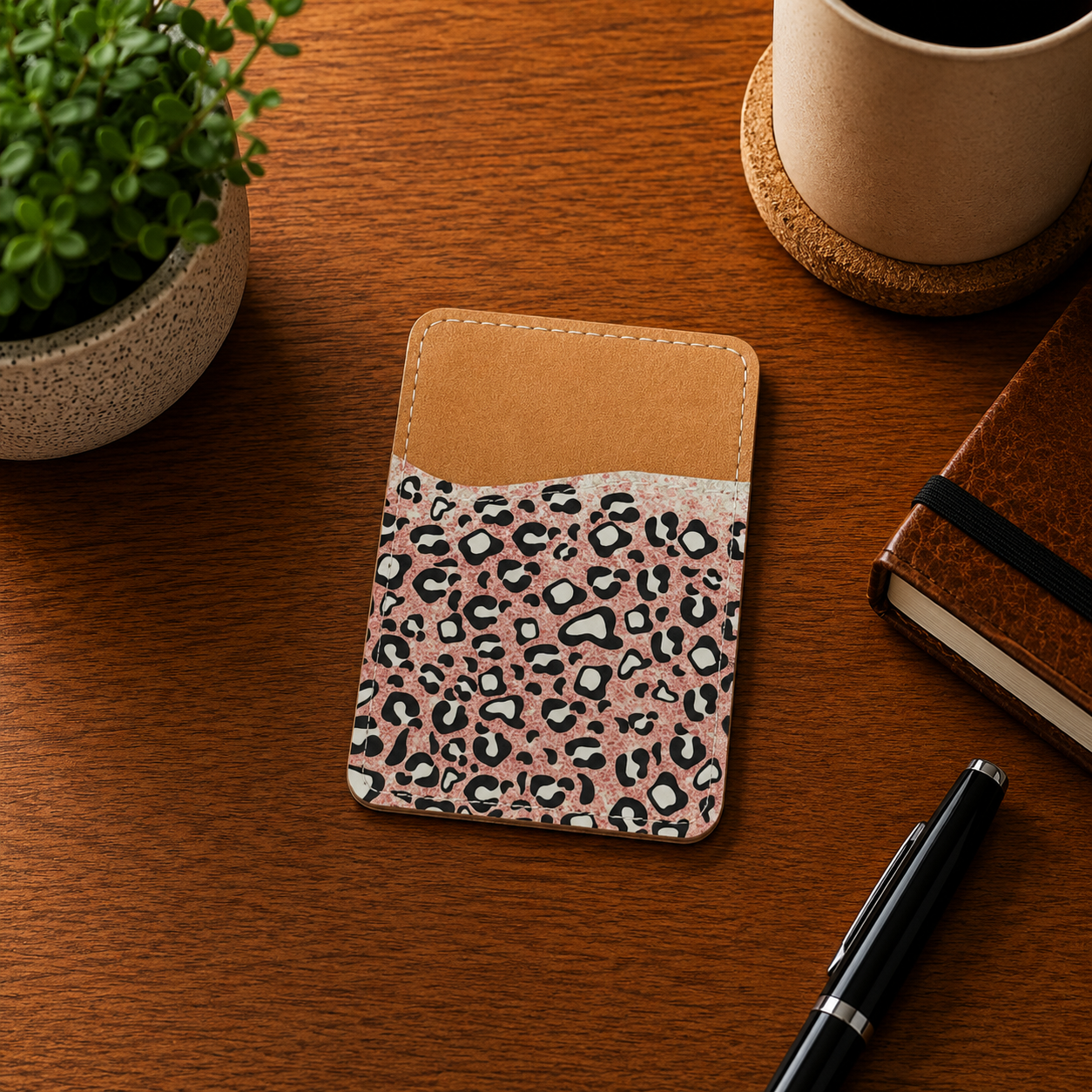 Pink Leopard Print Phone Wallet - Adhesive Phone Wallet - Phone Card Holder - Card Holder for Back of Phone