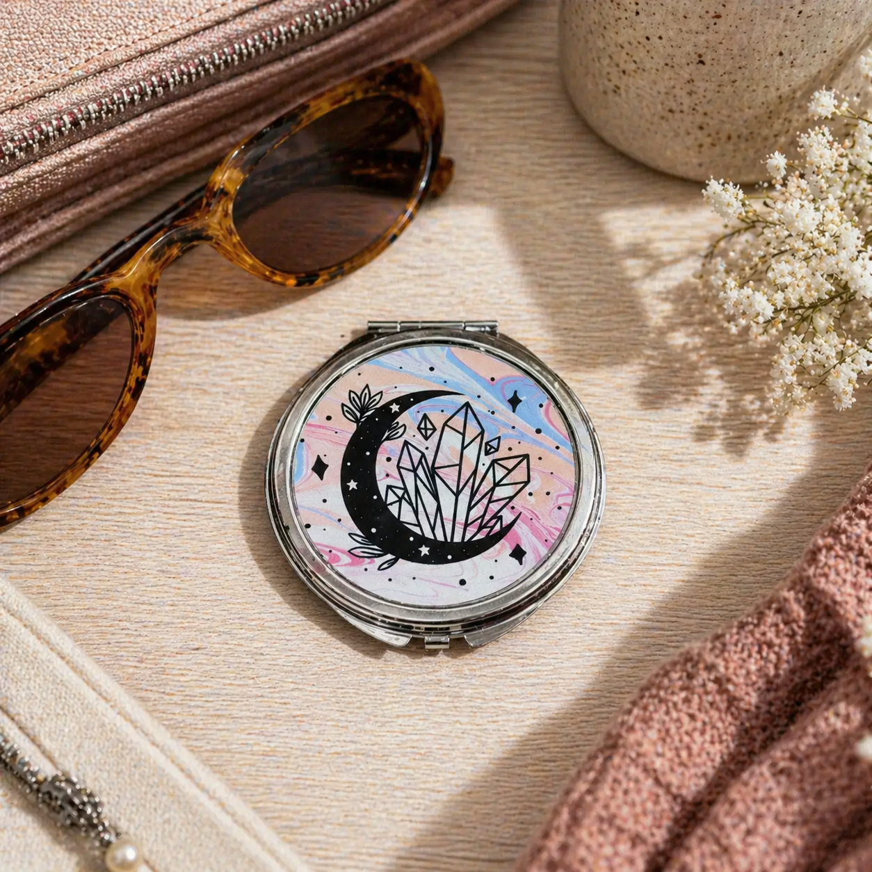 Mystical Moon and Crystals Compact Mirror - Gifts Under 10 - Compact Mirror Gift