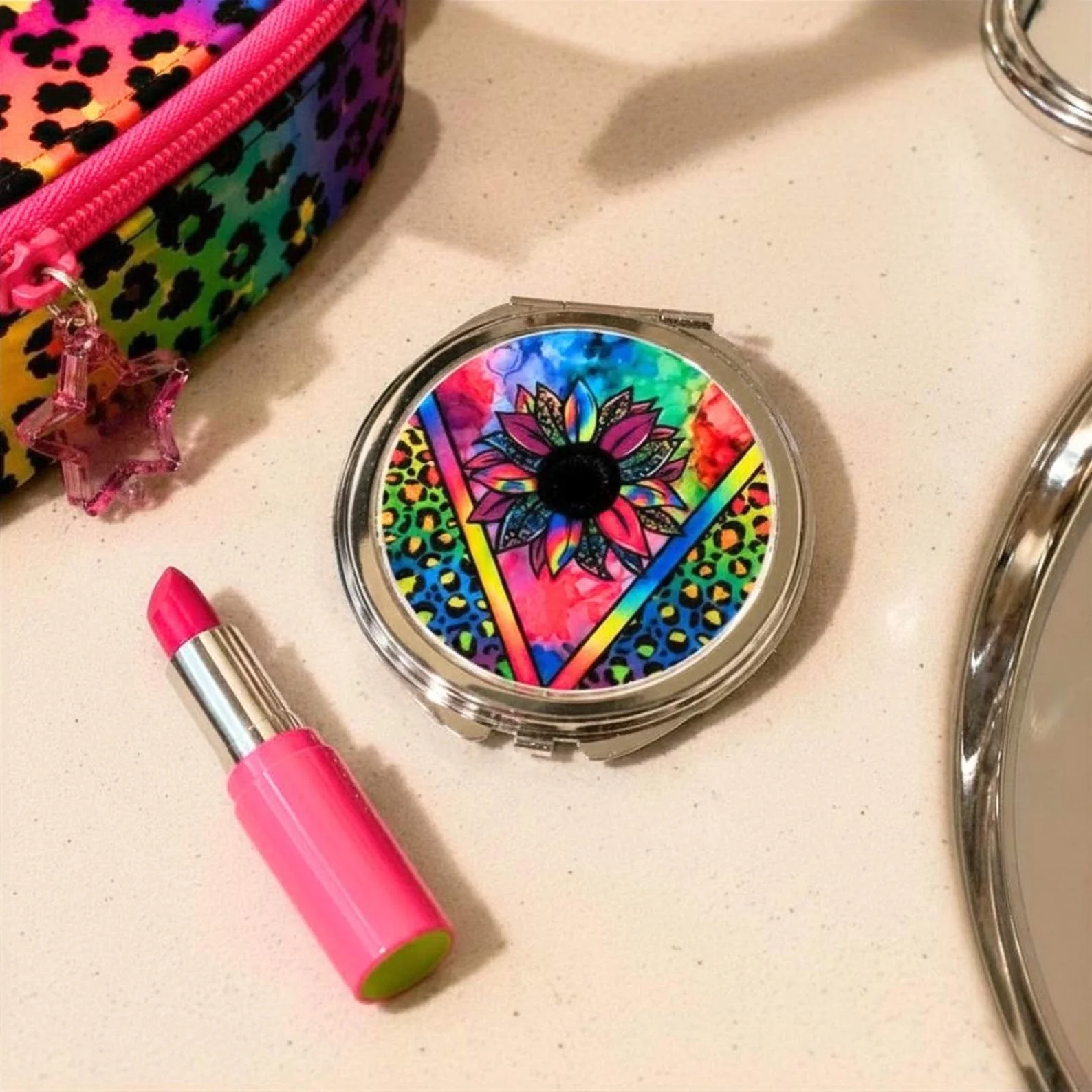 Colorful Leopard Print and Sunflower Compact Mirror - Gifts Under 10 - Leopard Print Compact Mirror - Gift for Her - Gift for Mom