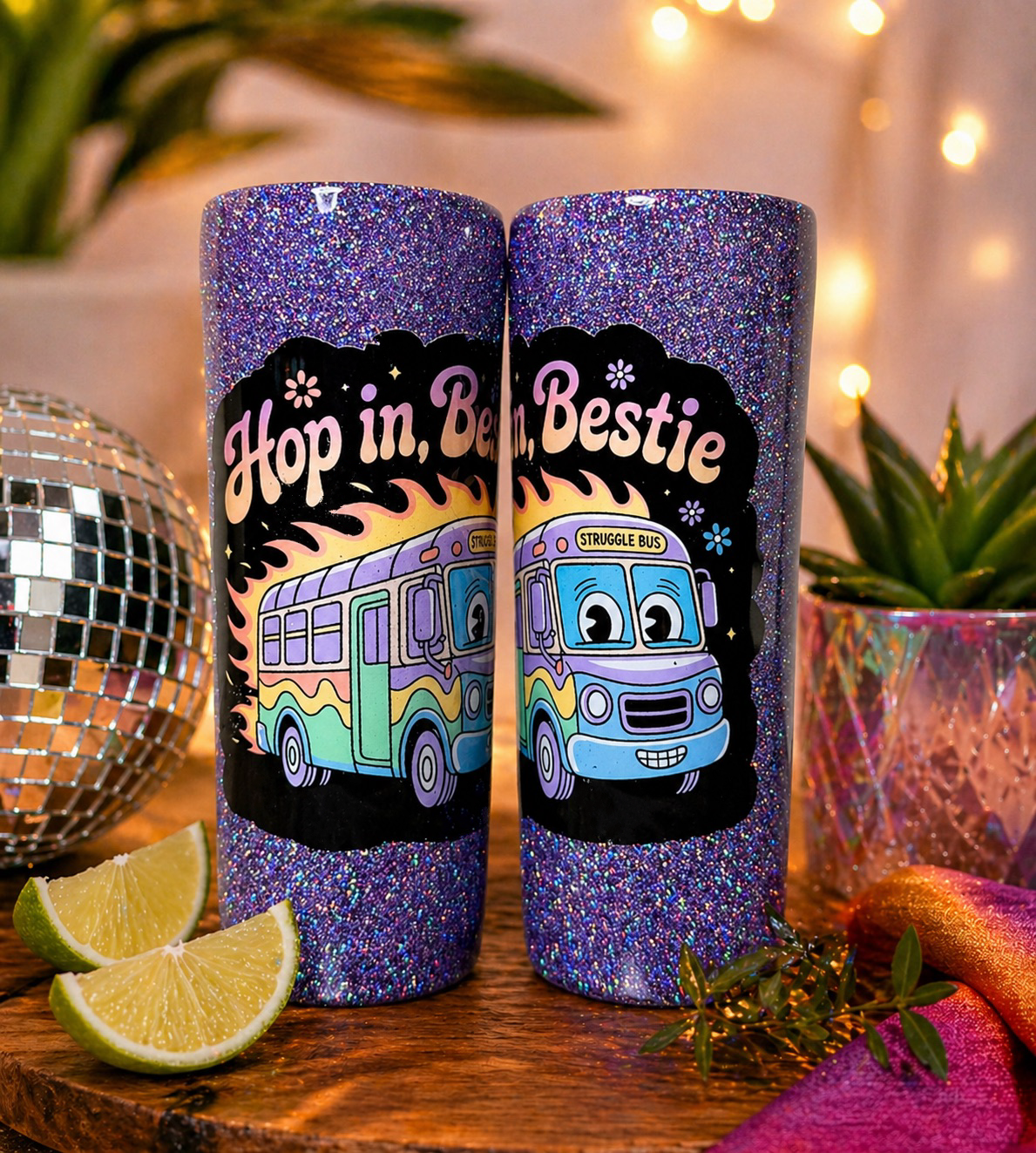 Hop in Bestie Purple Glitter Shot Glasses: Set of 2 - Struggle Bus - Funny Shot Glasses - Shot Glass Gift Set - Drinking Gifts