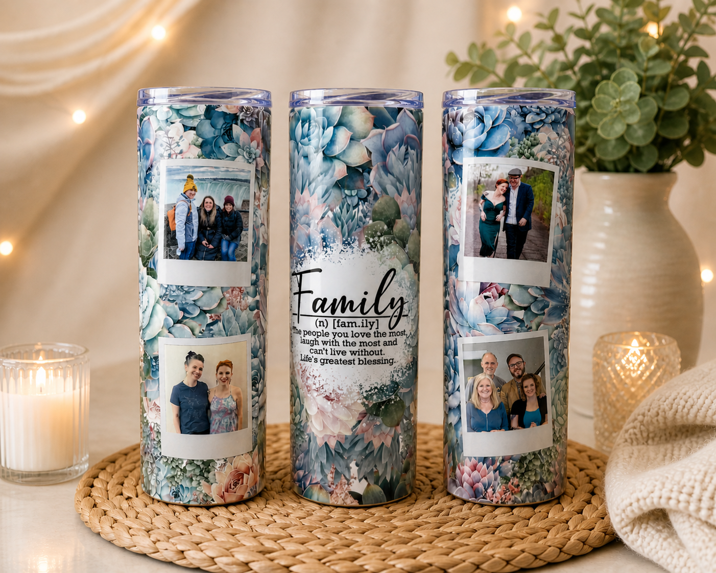 Family Blue Floral Custom Polaroid Photo 20oz Tumbler - Photo Tumblers - Custom Tumblers - Gift for Moms - Gift for Sisters - Photo Gifts