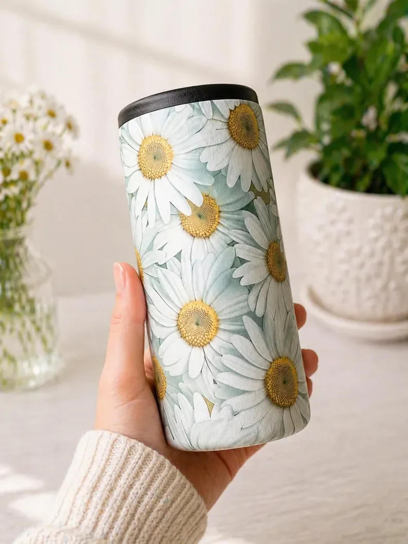 Daisy Bloom Slim Can Cooler - Daisies Slim Can Cooler - Flower Slim Can Cooler - Floral Slim Can Cooler - Drinking Gifts