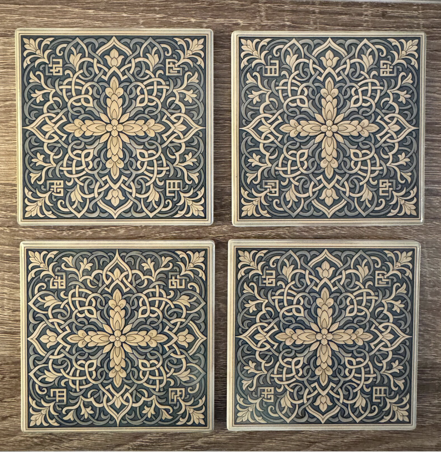 Ornate Floral Tile Coasters - Neutral Modern Mosaic Pattern Coasters- Set of 4
