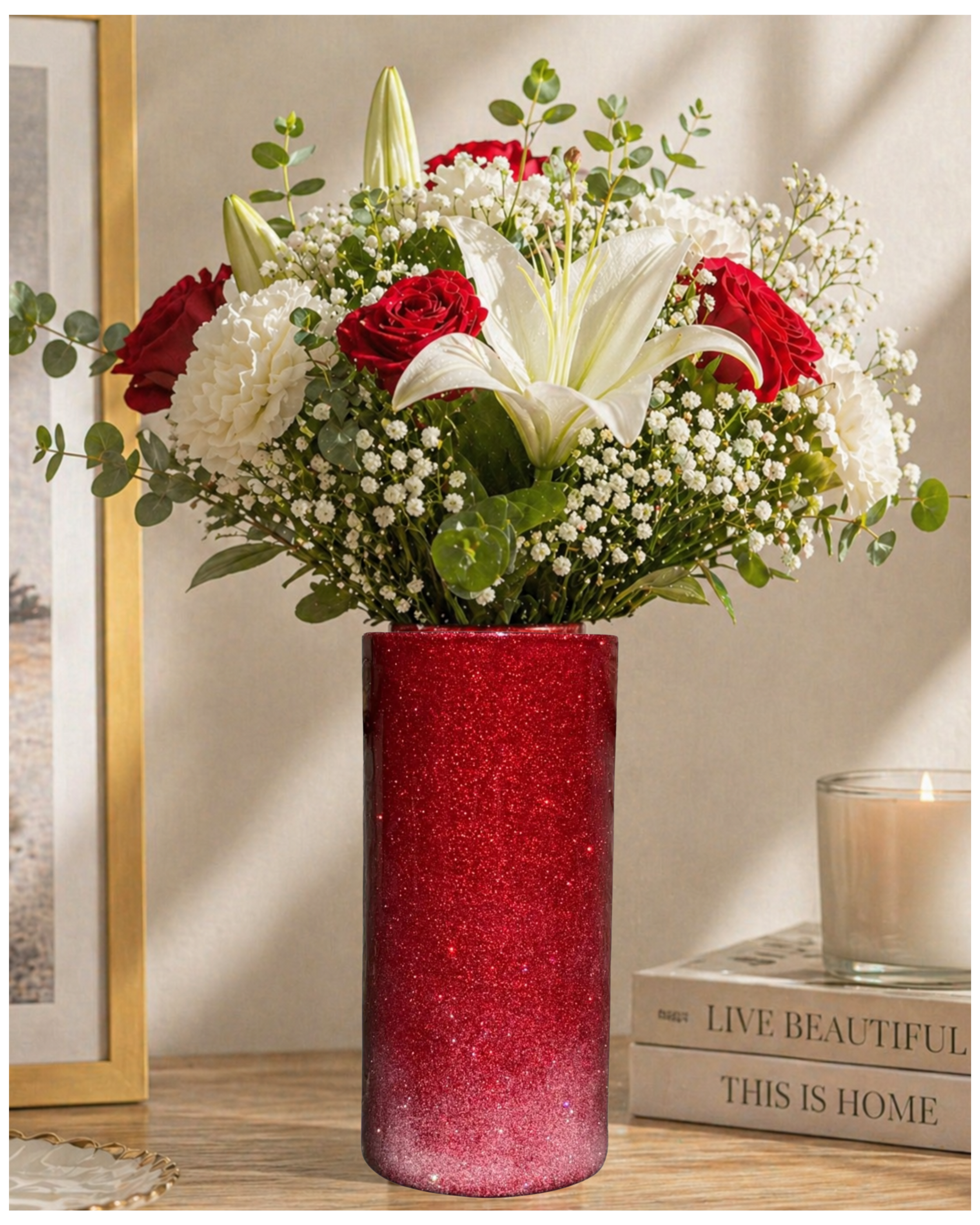 Red and White Glitter Flower Vase - Handmade Flower Vase - Handmade Table Decor