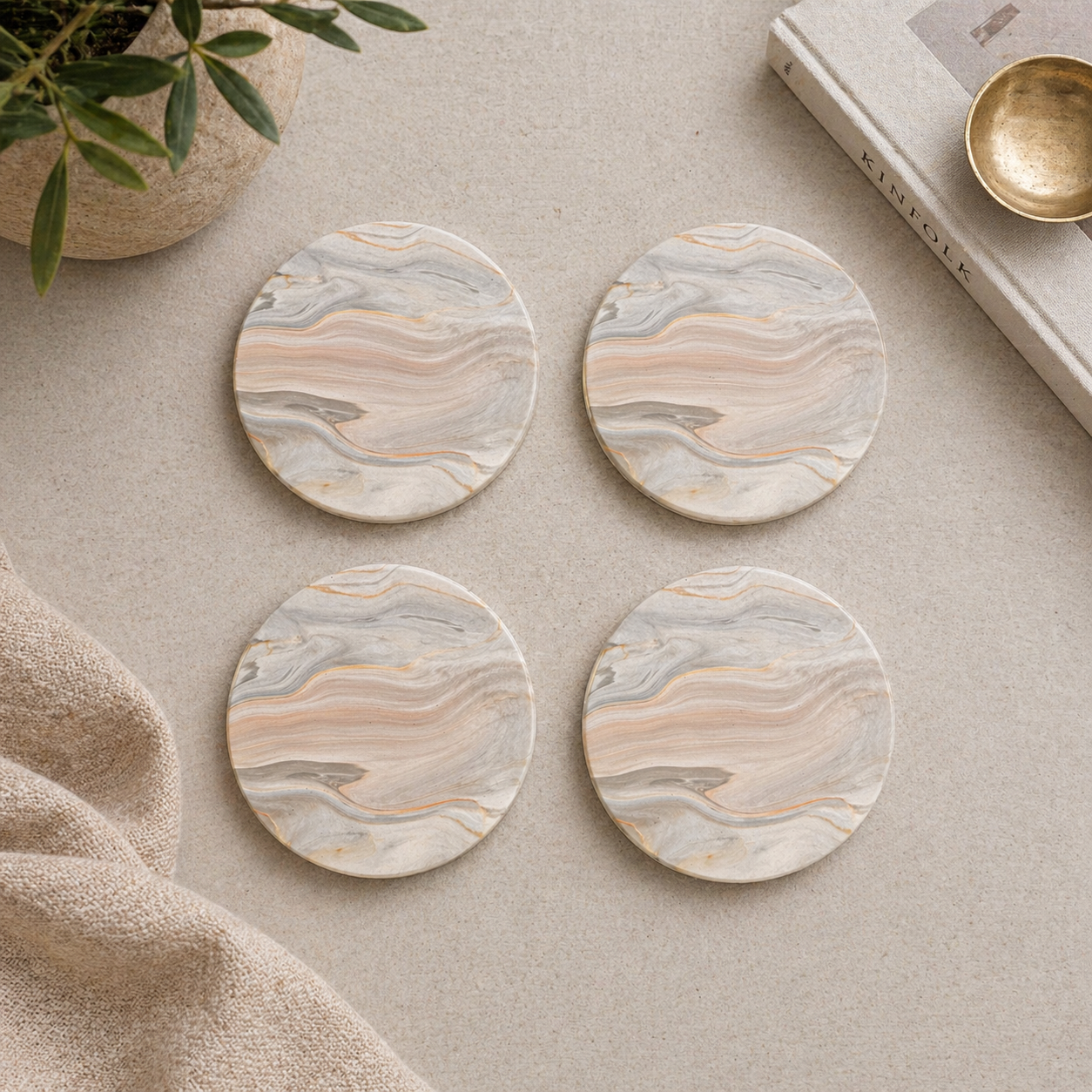 Blush Marble Swirl Coasters - Elegant Rose and Ivory Stone Pattern Coasters - Set of 4