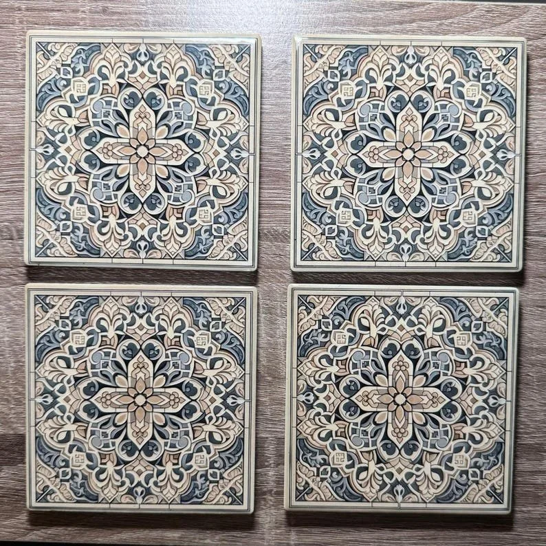 Moroccan Inspired Neutral Mosaic Tile Ceramic Coasters - Set of 4
