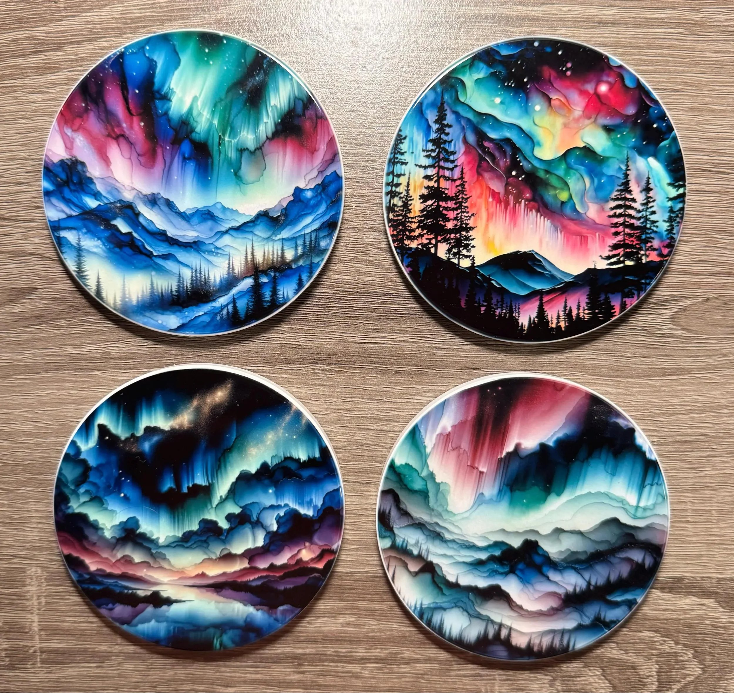 Northern Lights Alcohol Ink Design Ceramic Coasters - Set of 4