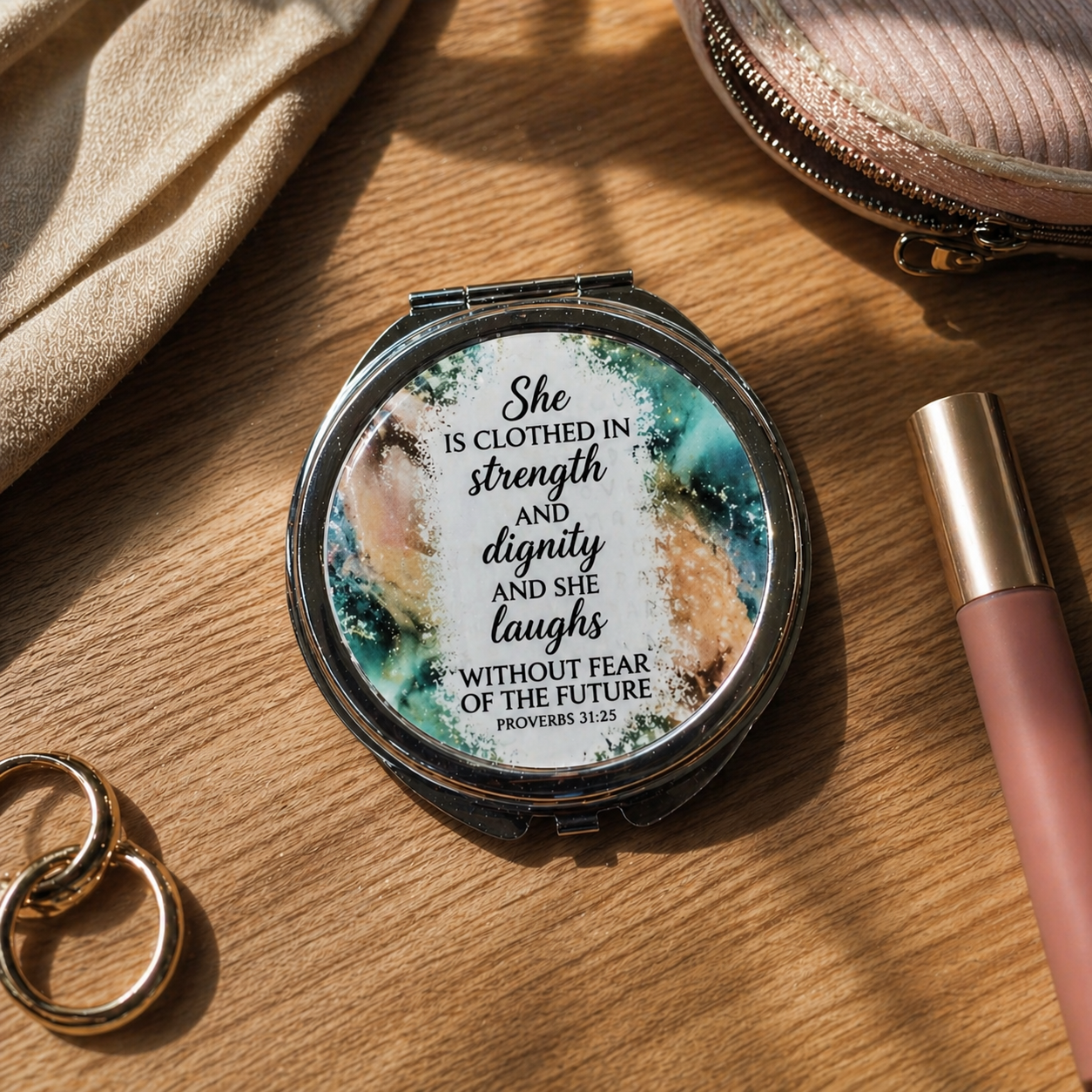 She is Clothed in Strength and Dignity Compact Mirror - Proverbs 31 25  - Gift for Her - Gift for Friends - Gift for Mom - Gifts Under 10