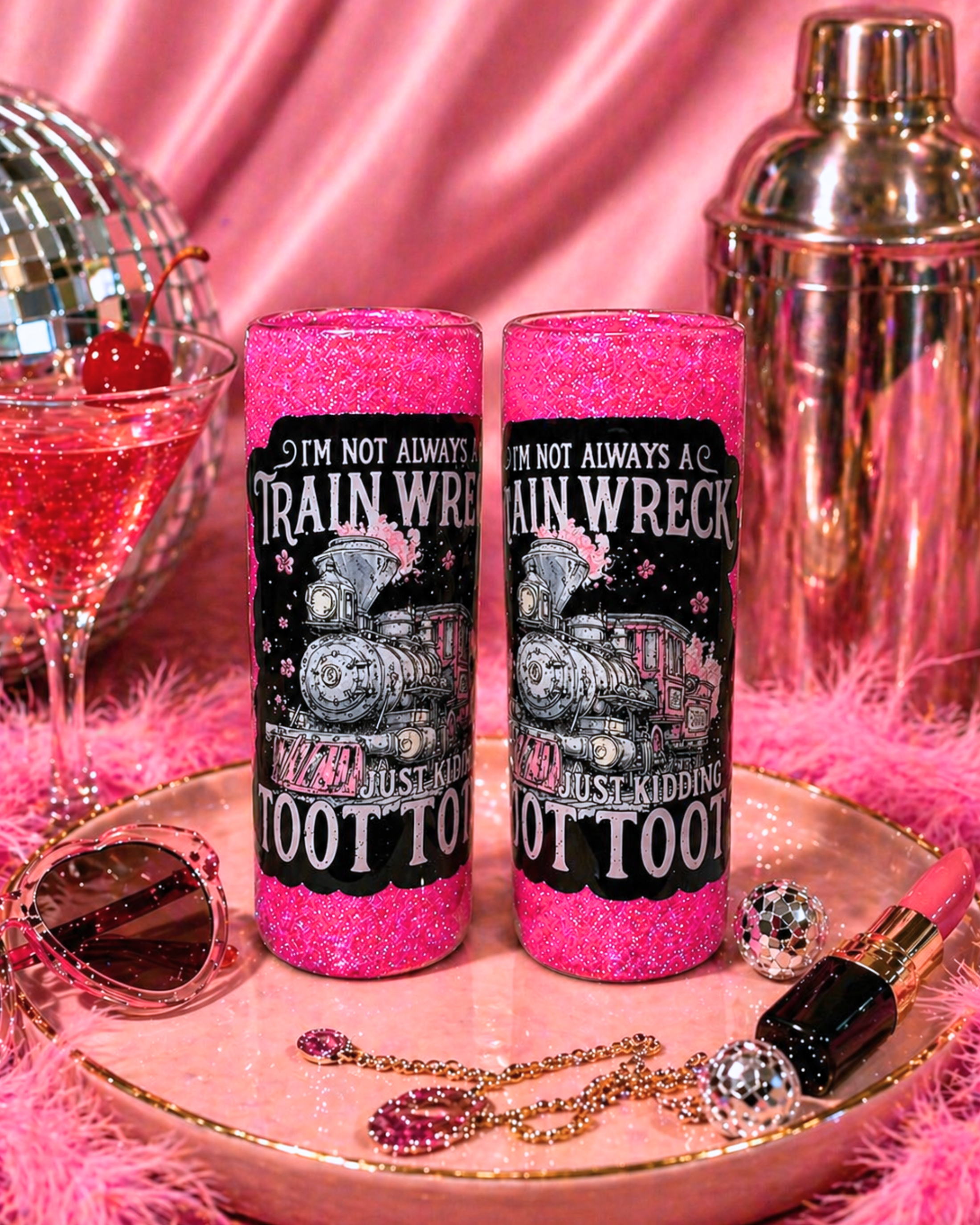 Train Wreck Pink Glitter Shot Glasses: Set of 2 - Glitter Shot Glasses - Funny Shot Glasses - Shot Glass Gift Set - Drinking Gifts