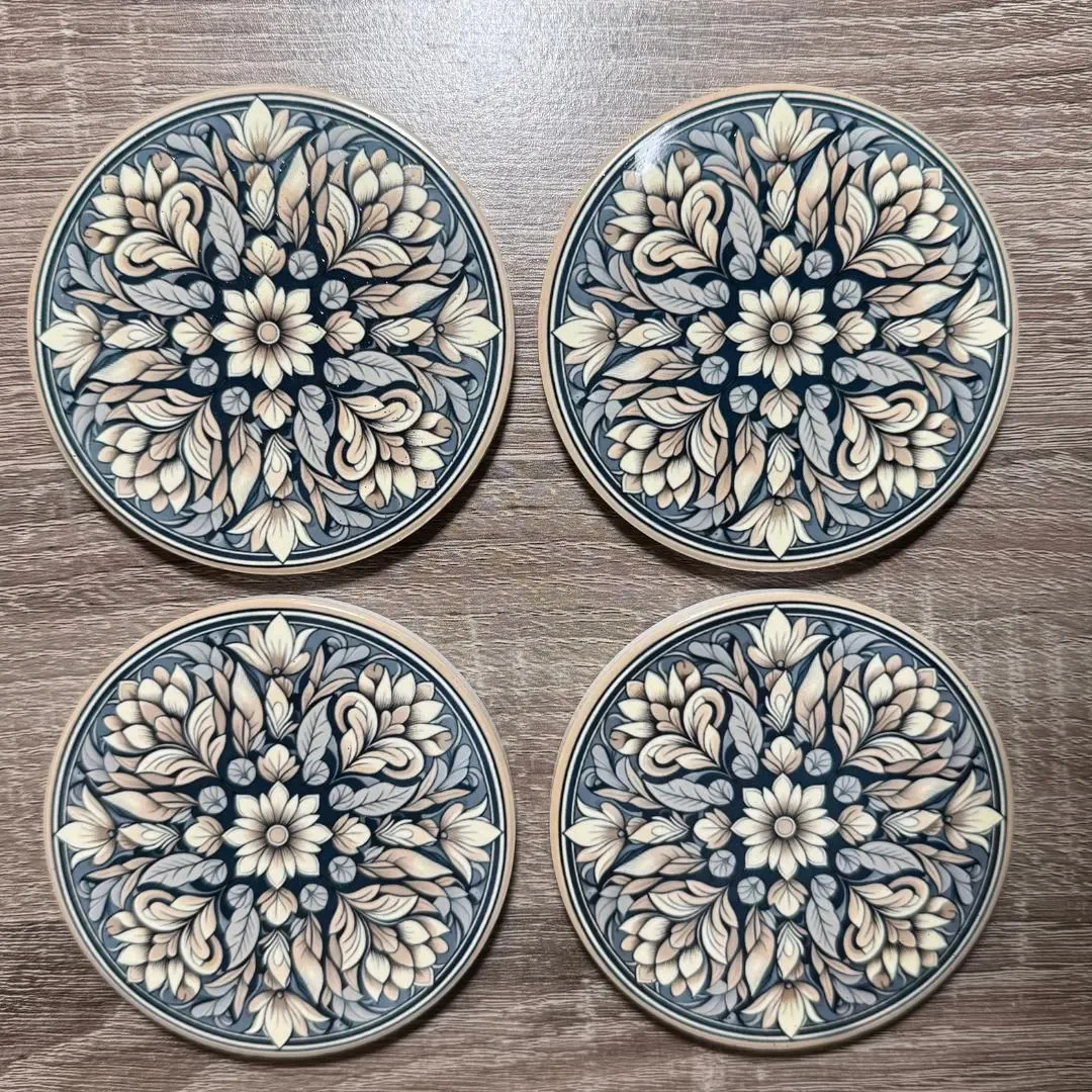 Ornate Neutral Floral Mandala Bloom Ceramic Coasters - Elegant Round Floral Mosaic Ceramic Coasters - Set of 4