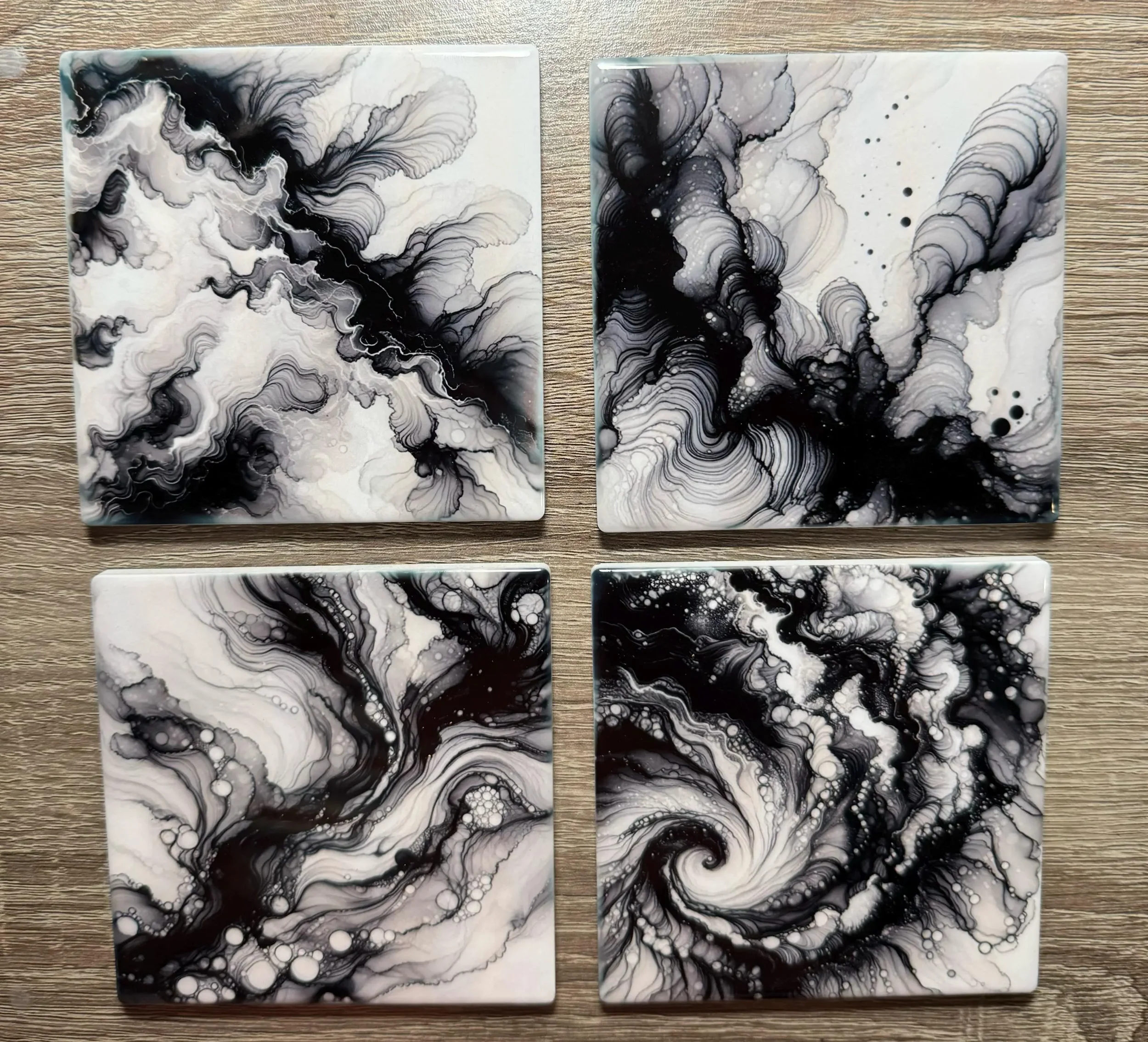 Black and White Alcohol Ink Design Ceramic Coasters - Set of 4