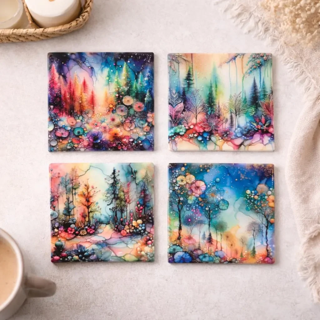 Colorful Floral Forest  Alcohol Ink Design Ceramic Coasters - Set of 4