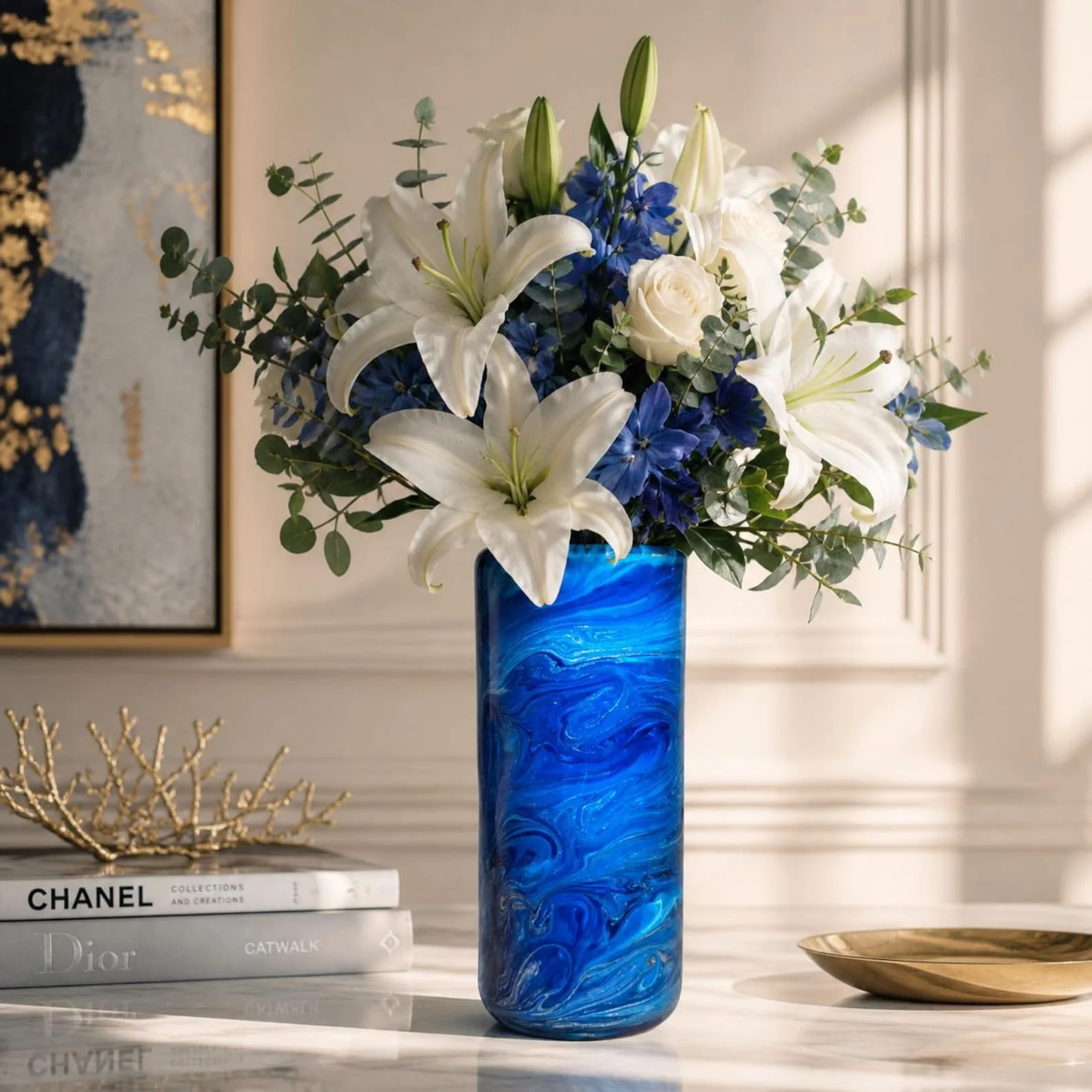 Blue and Silver Alcohol Ink 7.5" Flower Vase - Handmade Resin Flower Vase - Handcrafted Home Decor - Handmade Resin Table Decor