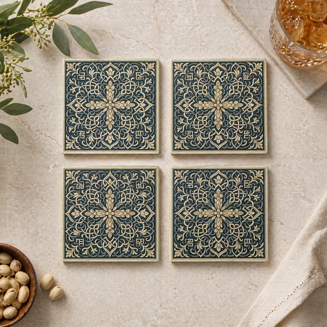 Moroccan Inspired Neutral Mosaic Tile Ceramic Coasters - Set of 4