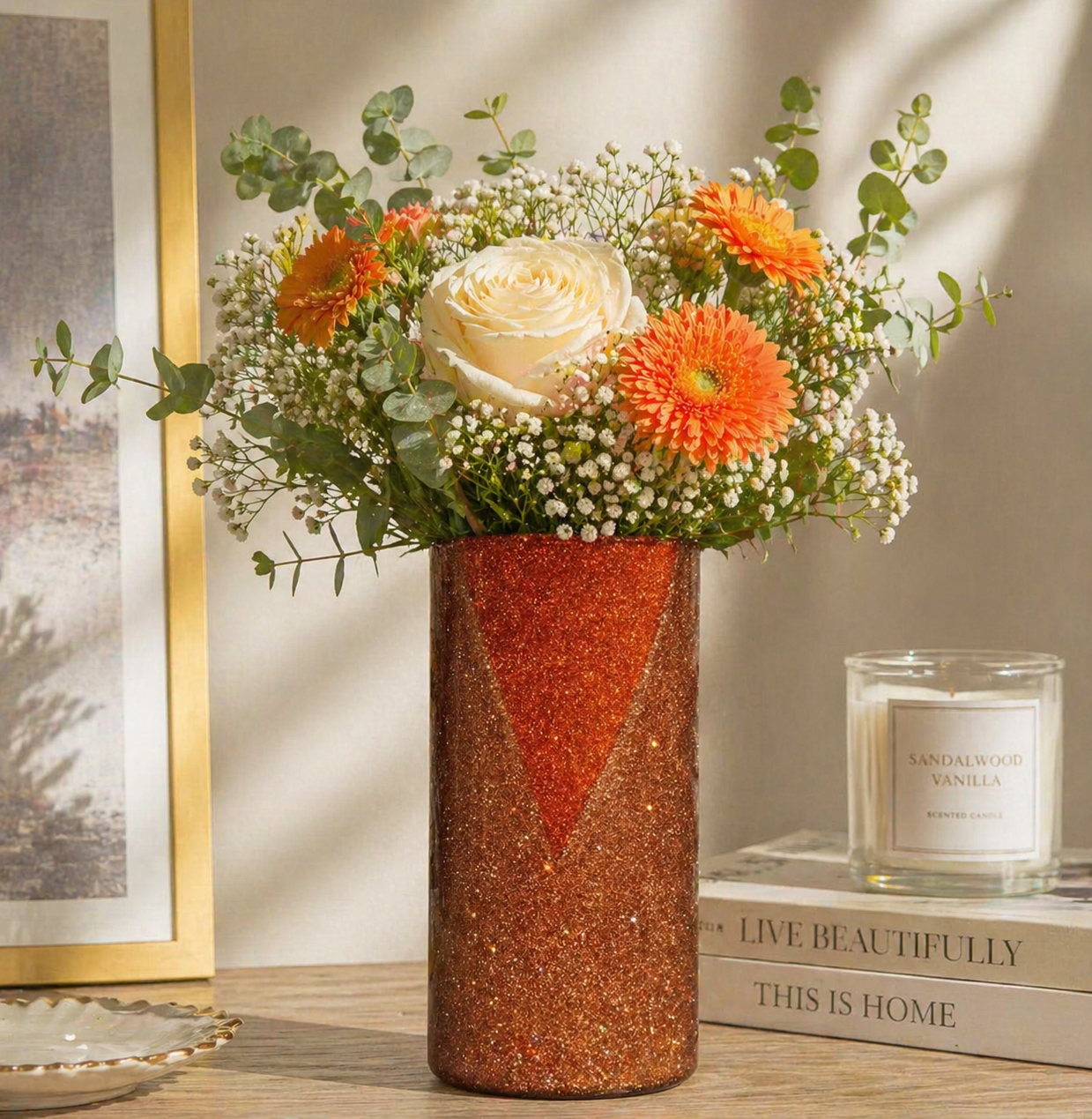 Orange Glitter Flower Vase - Table Decor - Handmade Flower Vase